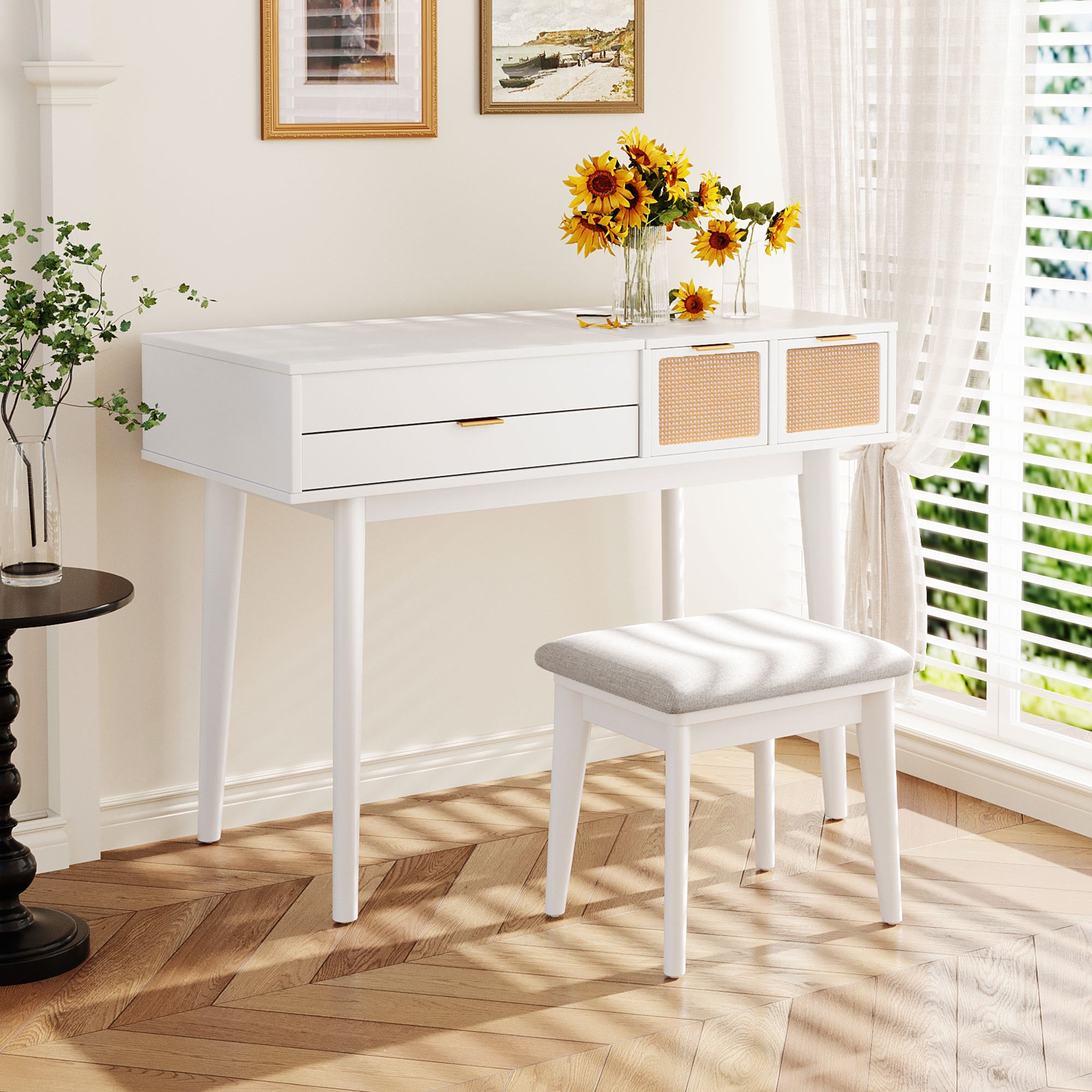 HAOYYE Classic Wood Makeup Vanity Set with Flip-top Mirror and Stool, Dressing Table with Three Drawers and Storage Space, White Modern Design, Luxury Style, Durable Material, Space-saving