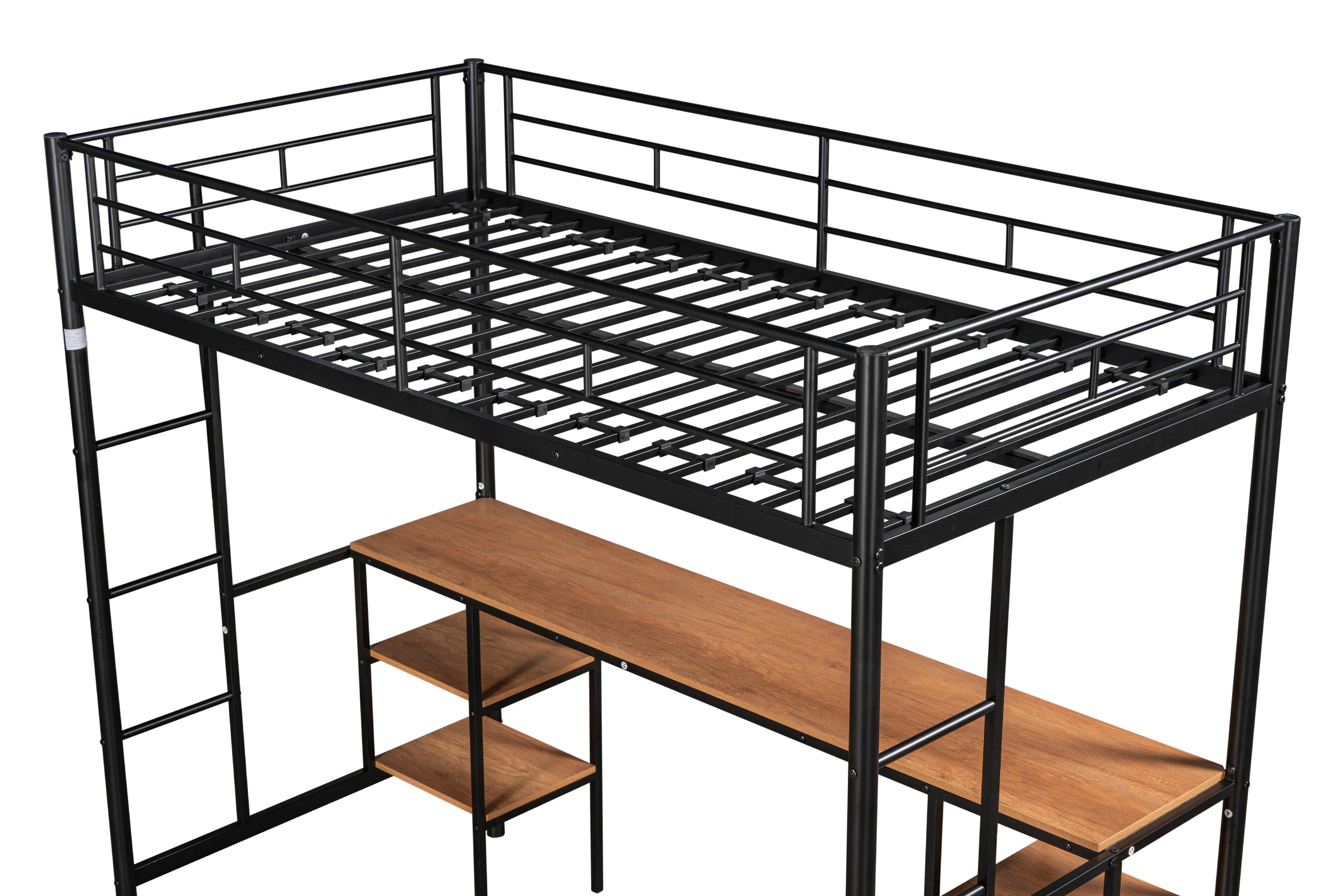 HAOYYE Twin-Size Loft Bed With Table And Shelves, Heavy-Duty Metal Construction, Noise-Reduced Design, Safety Guardrail, Two Side Ladders, CPC Certified, No Box Spring Required, Space-Saving Loft Bed For Modern Living Spaces