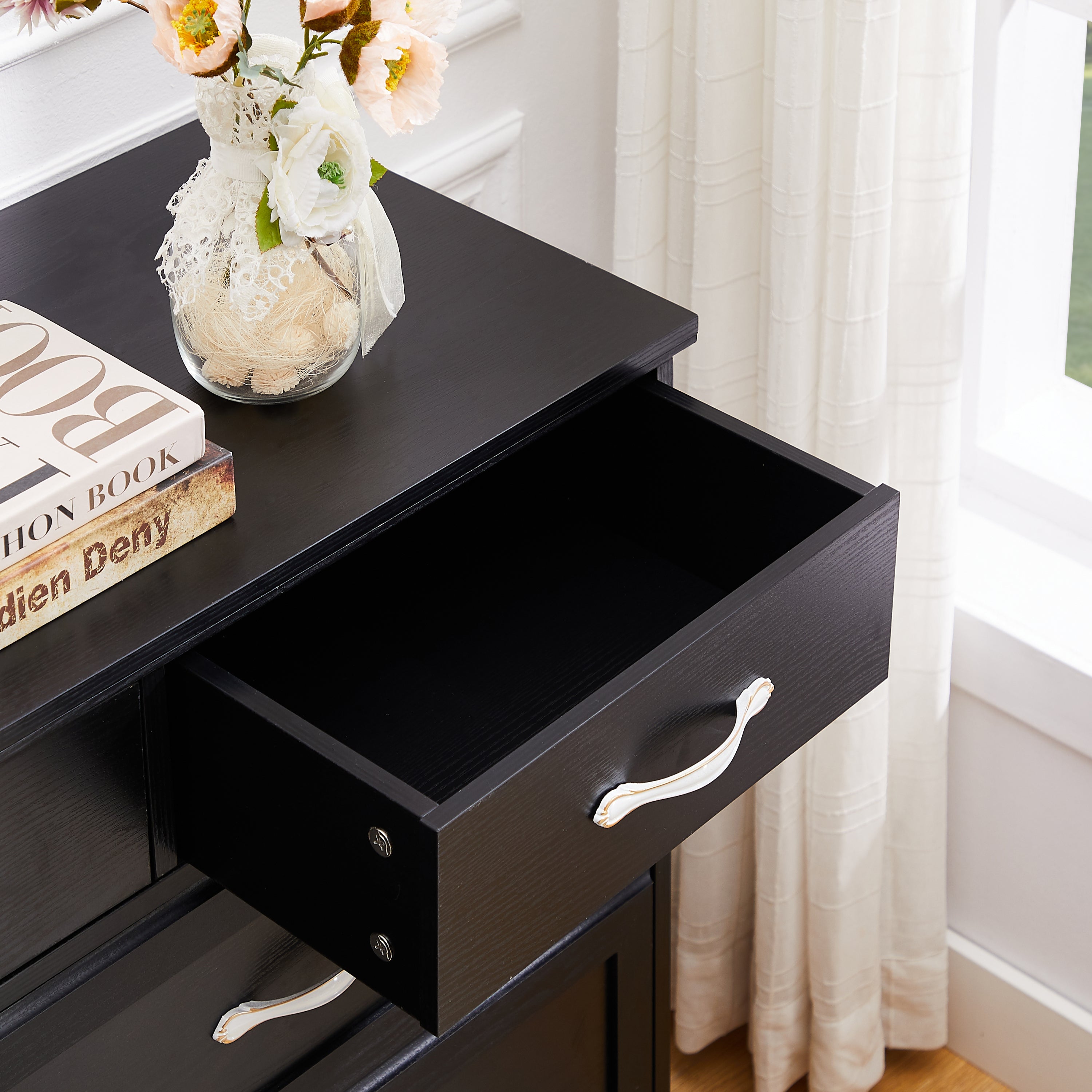 HAOYYE 9-Drawer Bedroom Dresser With Antique Handles, Wood Chest Of Drawers For Living Room, Entryway, Or Hallway, Black, Sturdy Space-Saving Heavy Duty Design