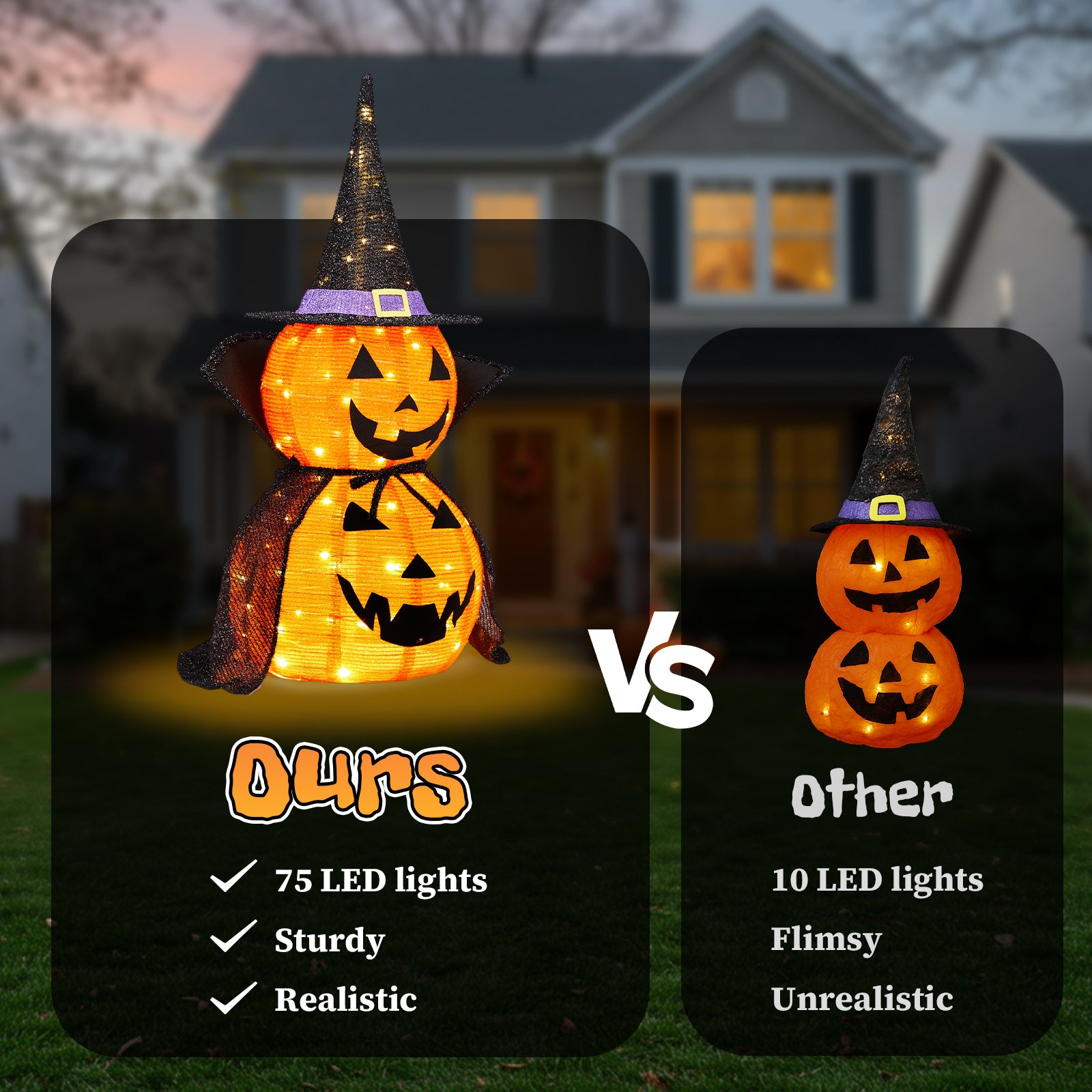HAOYYE Black Halloween Pumpkin Decorations 2-Pack Collapsible Lighted Jack-O-Lanterns with 176 Warm LED Lights, Metal Frame Pop-Up Pumpkin Lamps with Wizard Capes for Indoor Outdoor Garden Patio Party Decor