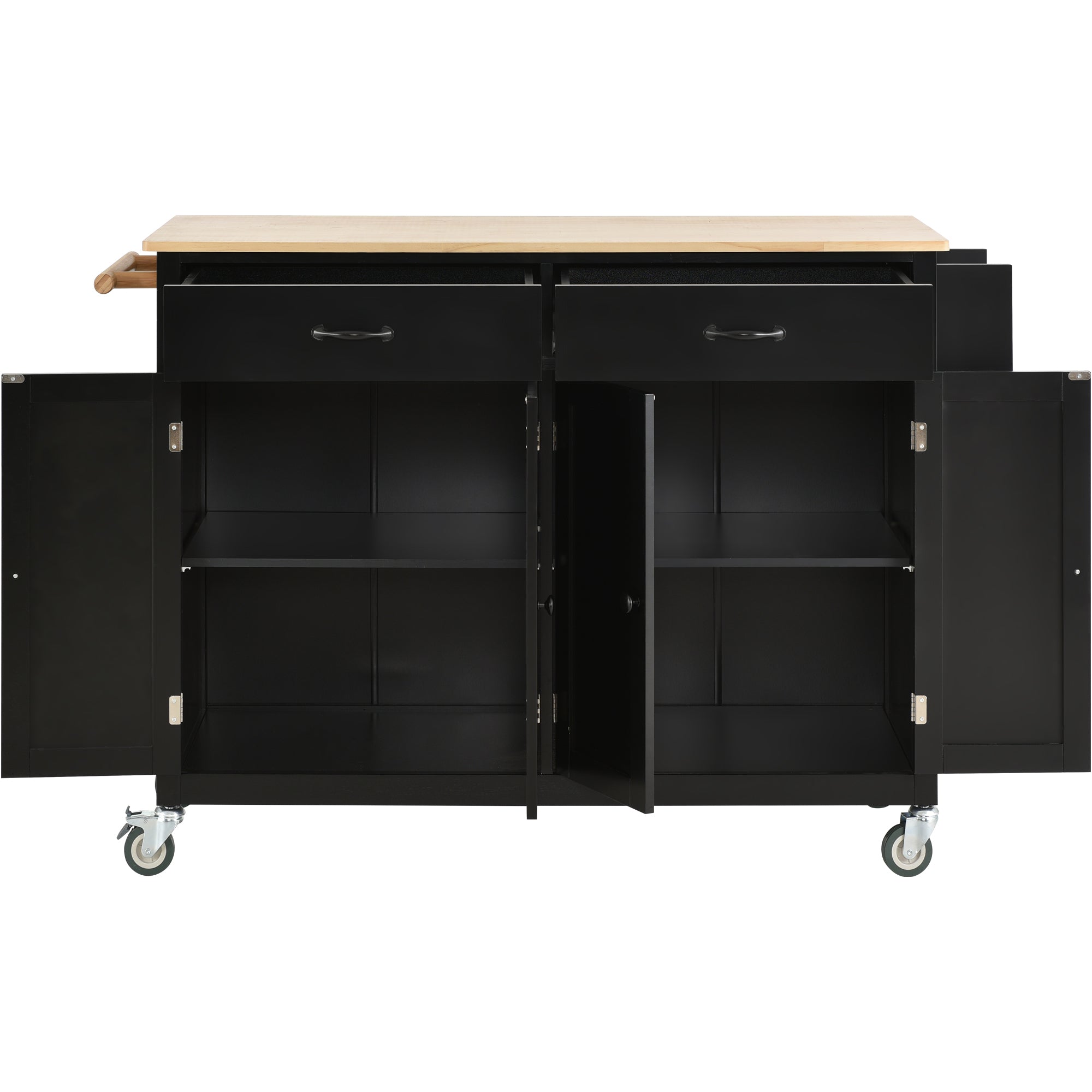 HAOYYE Kitchen Island Cart with Solid Wood Top, 4-Door Cabinet, Two Drawers, Spice Rack, and Towel Rack, Black Modern Kitchen Storage, Heavy Duty, Space-Saving Design, Mobile Island for Kitchen or Dining Room