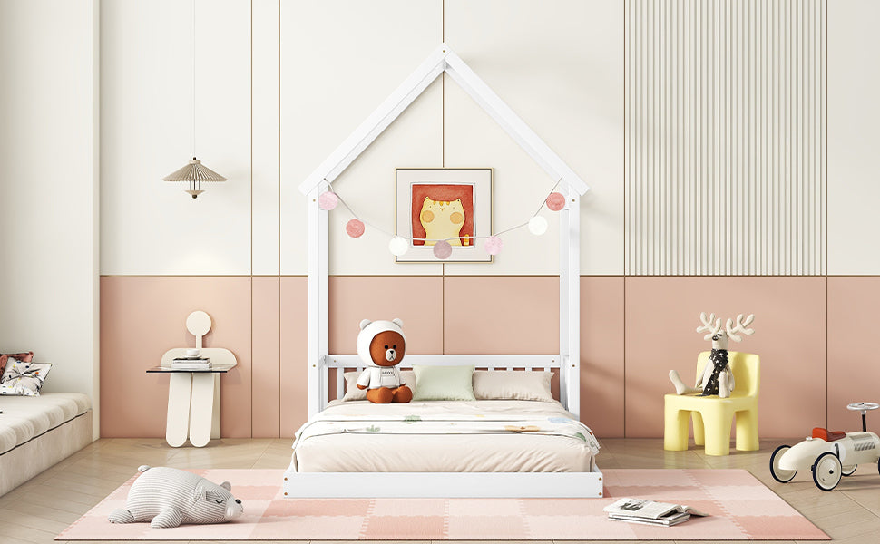 HAOYYE Full Roof-framed Headboard Floor Bed with Headboard Guardrails, without Slats White Sturdy Space-Saving Heavy Duty Modern Design Adults Dorm Room Easy Assembly Bedroom Furniture
