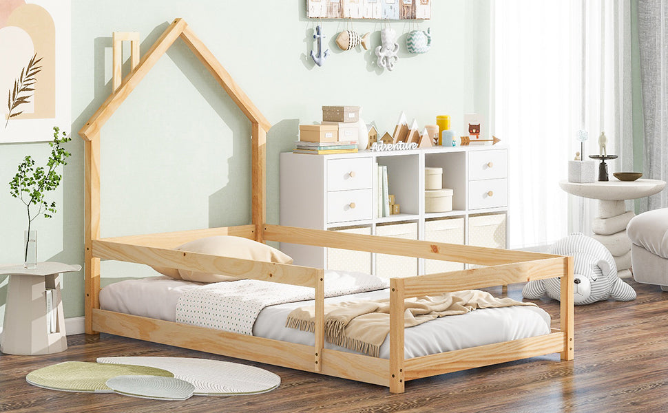 Haoyye Twin Size Wood Bed with House-Shaped Headboard, Floor Bed Frame with Fences and Guardrails, Low Platform Design for Bedroom or Dorm, Sturdy Pine Construction, Space-Saving and Heavy Duty, Easy Assembly, Ideal for Cozy Sleeping Spaces