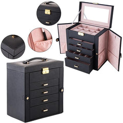 HAOYYE Black Synthetic Leather Jewelry Box – Large Mirrored Watch Organizer With Necklace, Ring, And Earring Storage – Lockable Case With Soft Velvet Lining, Elegant Home Décor, Luxury Design, Perfect Gift For Women