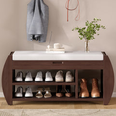 HAOYYE Retro Multifunctional Storage Bench with Cushion and Curved Side Panel for Entrance and Living Room (Espresso) Sturdy Space-Saving Heavy Duty Modern Design Easy Assembly Durable Stylish