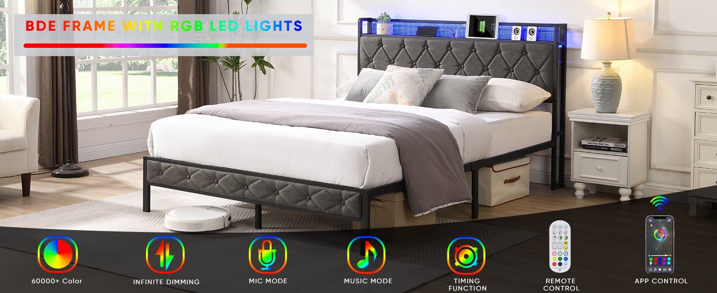 HAOYYE Full Bed Frame with Storage Headboard, Charging Station and LED Lights, Upholstered Platform Bed with Heavy Metal Slats, No Box Spring Needed, Noise Free, Easy Assembly, Dark Gray Sturdy Space-Saving