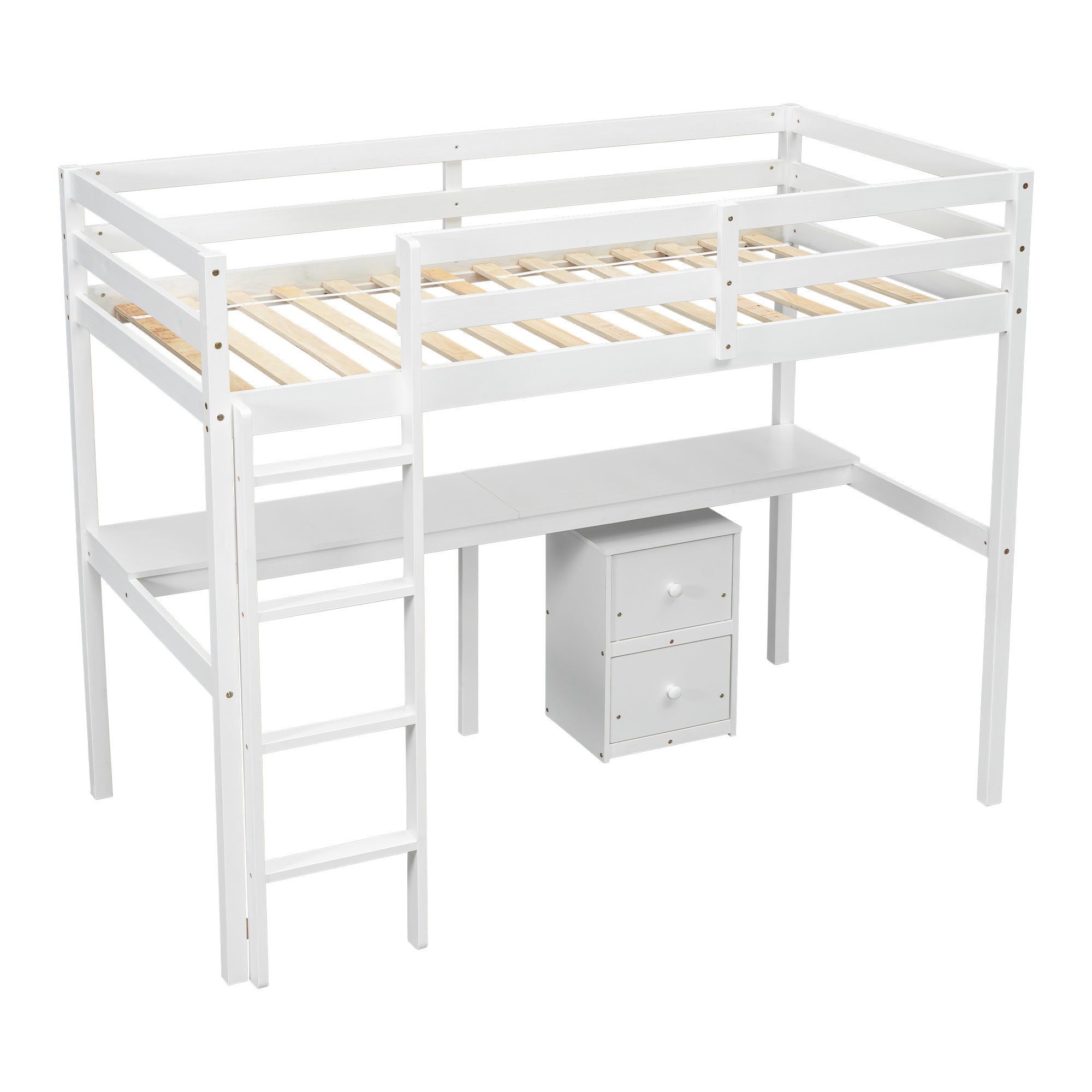 HAOYYE Twin Loft Wood Bed with Under-Bed Built-In Desk and Two-Drawer Storage Cabinet, Guardrails, and Ladder, White Sturdy Space-Saving Design, Heavy Duty Construction, Easy Assembly, Durable Stylish Home Furniture