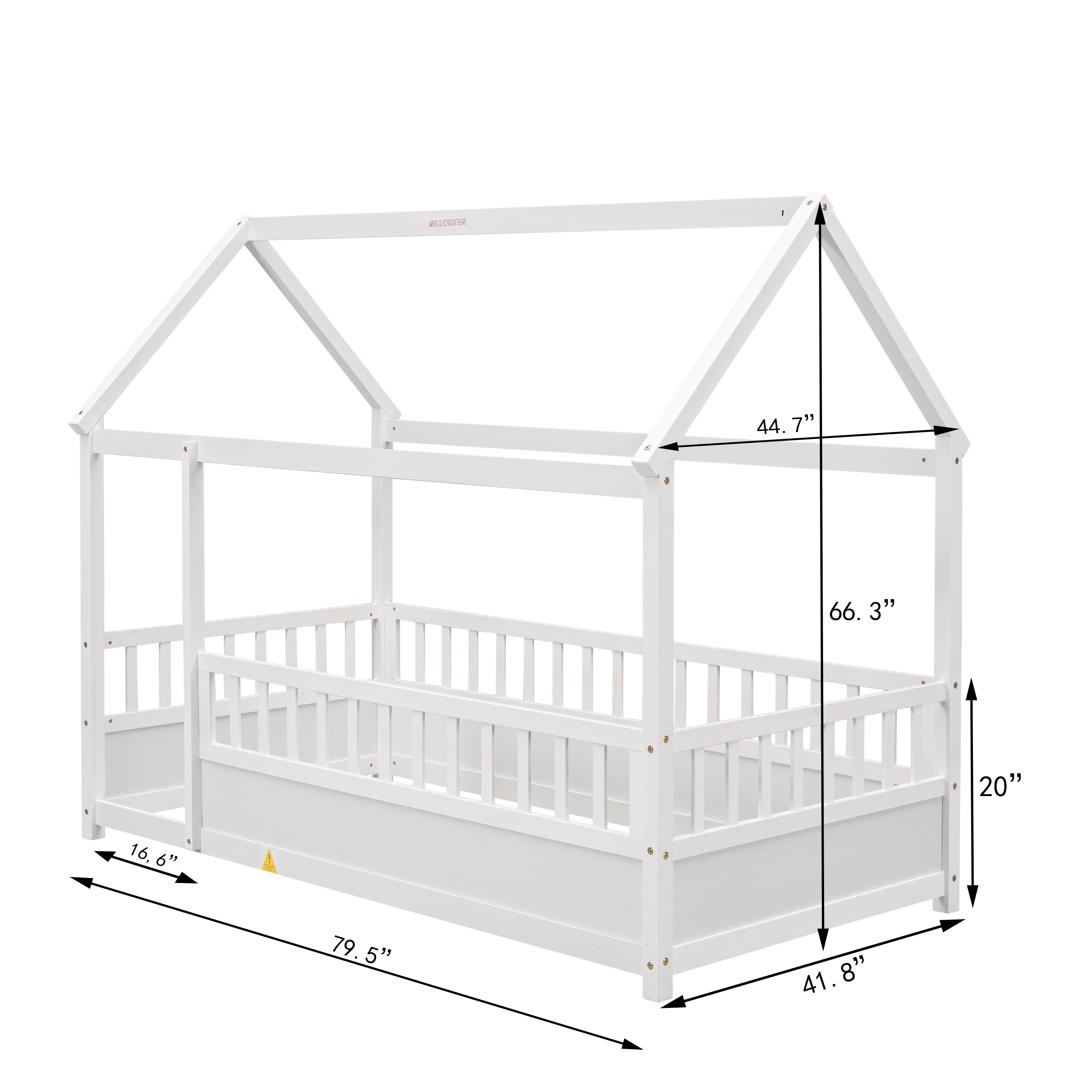 HAOYYE Twin Size Floor Wooden Bed with House Roof Frame, Fence Guardrails,White Sturdy Space-Saving Heavy Duty Modern Design Adults Dorm Room Easy Assembly Bedroom Furniture