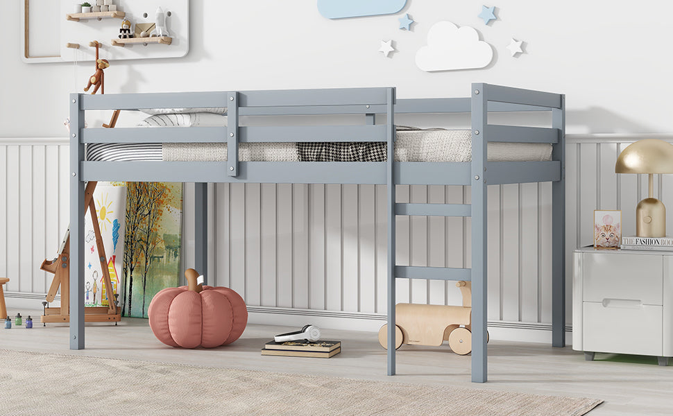 HAOYYE Solid Wooden, Rubber Wooden Twin Loft Bed with Ladder, Bed Platform of Strengthened Slats , Grey Sturdy Space-Saving Heavy Duty Modern Design Adults Dorm Room Easy Assembly Bedroom Furniture