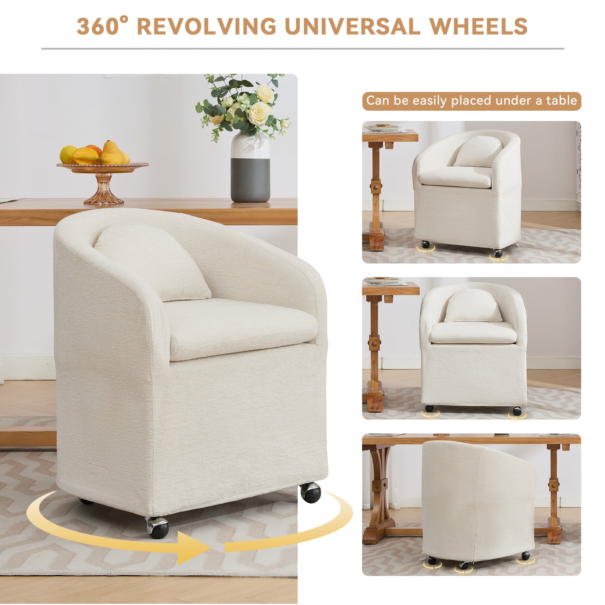 HAOYYE 059-Set of 1 Chenille Fabric Dining Armchair With Back Cushion and Universal Wheels,Beige Sturdy Space-Saving Heavy Duty Modern Design Adults Dorm Room Easy Assembly Bedroom Furniture