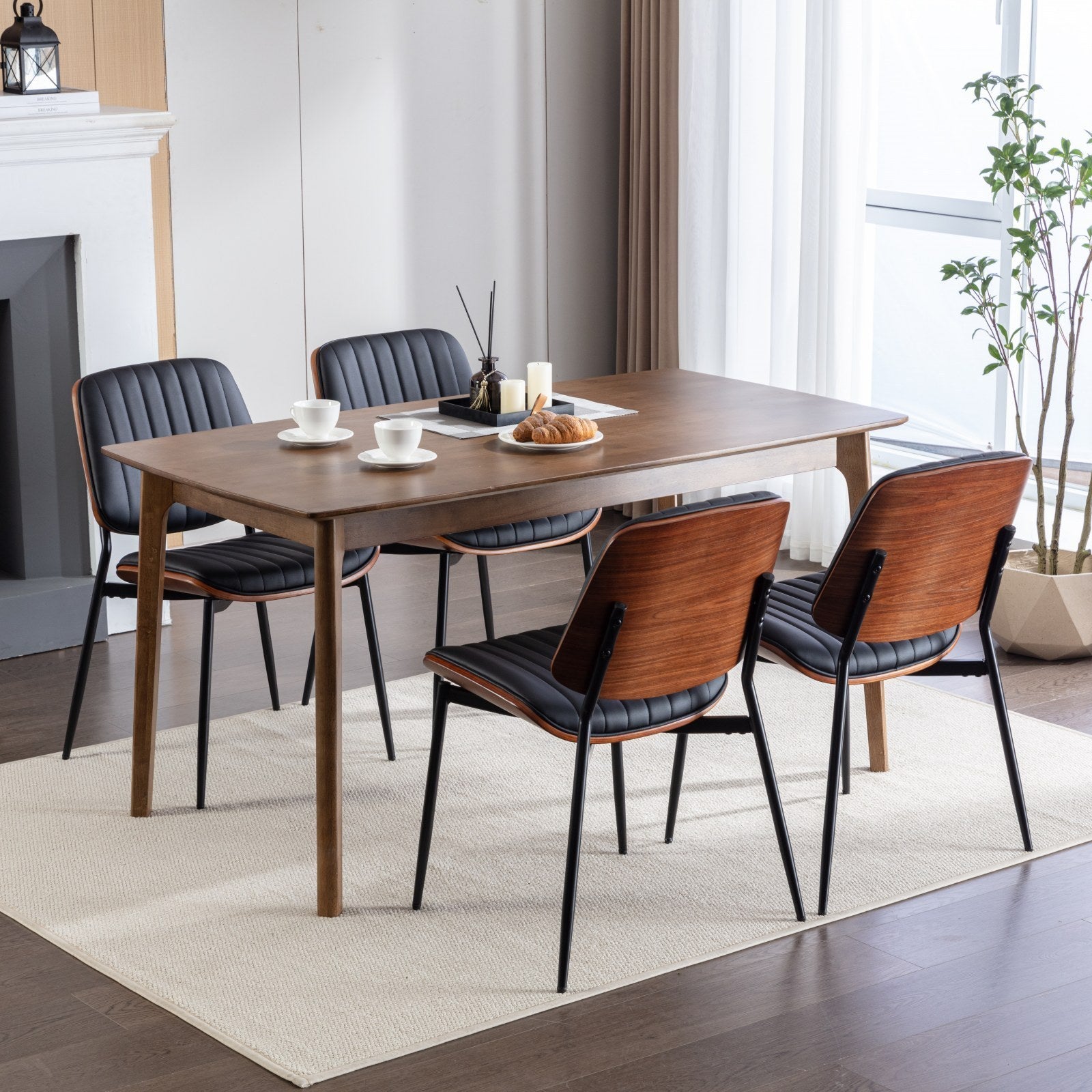 HAOYYE Dining Chairs Set of 2 Mid Century Modern Retro Faux Leather Chair with Walnut Bentwood Back Upholstered Seat Metal Legs Adjustable Foot for Kitchen Dining Room Chairs(Black PU) Sturdy