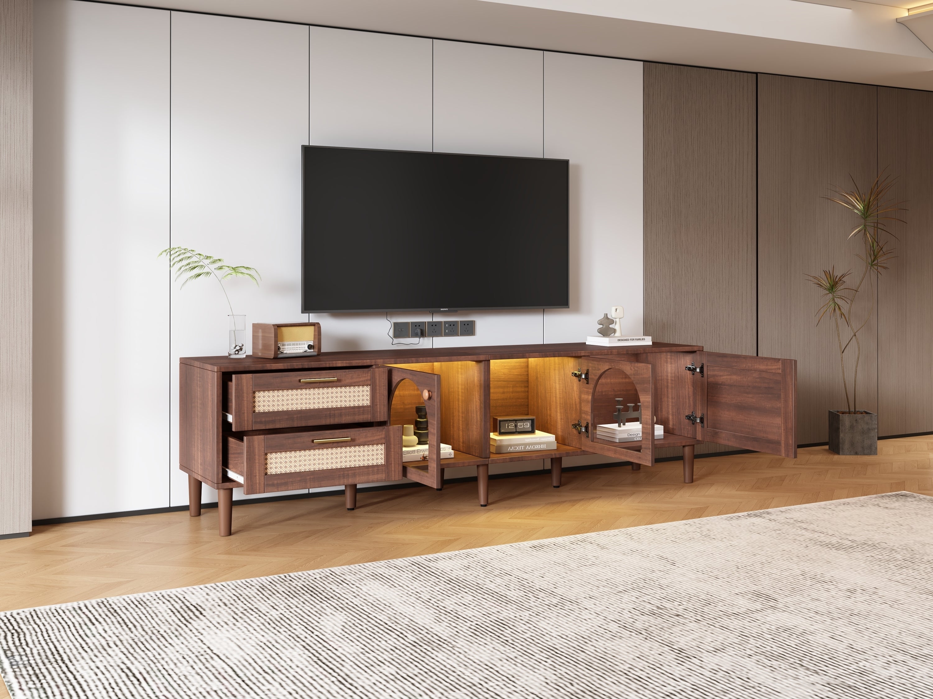 HAOYYE Rattan TV Stand with 3 Cabinets & 2 Drawers, Rattan-Inspired Media Console Table for TVs up to 80", LED Light Entertainment Center, TV Cabinet for Living Room, Bedroom, Home Theater, Sturdy Heavy Duty Construction