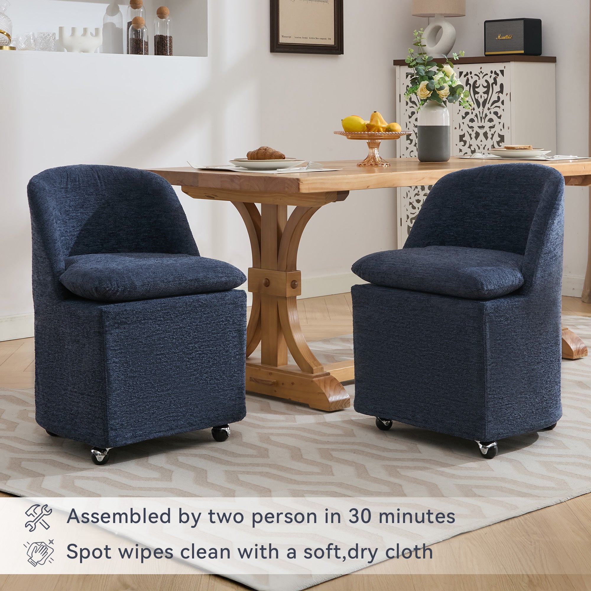 HAOYYE 058-Set of 2 Chenille Fabric Dining Chairs With Universal Wheels,Blue Sturdy Space-Saving Heavy Duty Modern Design Adults Dorm Room Easy Assembly Bedroom Furniture