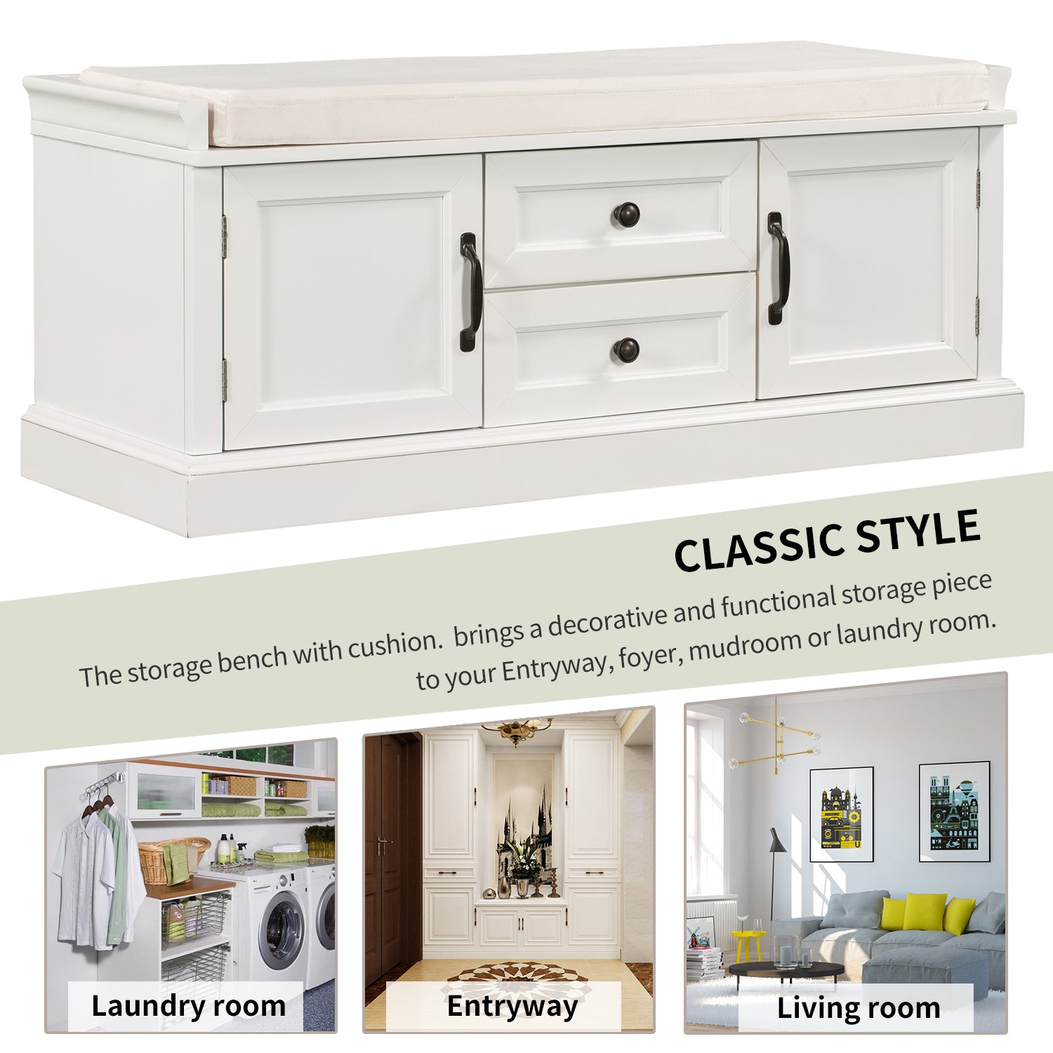HAOYYE Storage Bench with 2 Drawers and Cabinets, Shoe Bench with Removable Cushion for Living Room, Entryway, Sturdy Space-Saving Heavy Duty Modern Design, White, Easy Assembly for Adults and Dorm Rooms