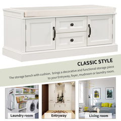 HAOYYE Storage Bench with 2 Drawers and Cabinets, Shoe Bench with Removable Cushion for Living Room, Entryway, Sturdy Space-Saving Heavy Duty Modern Design, White, Easy Assembly for Adults and Dorm Rooms