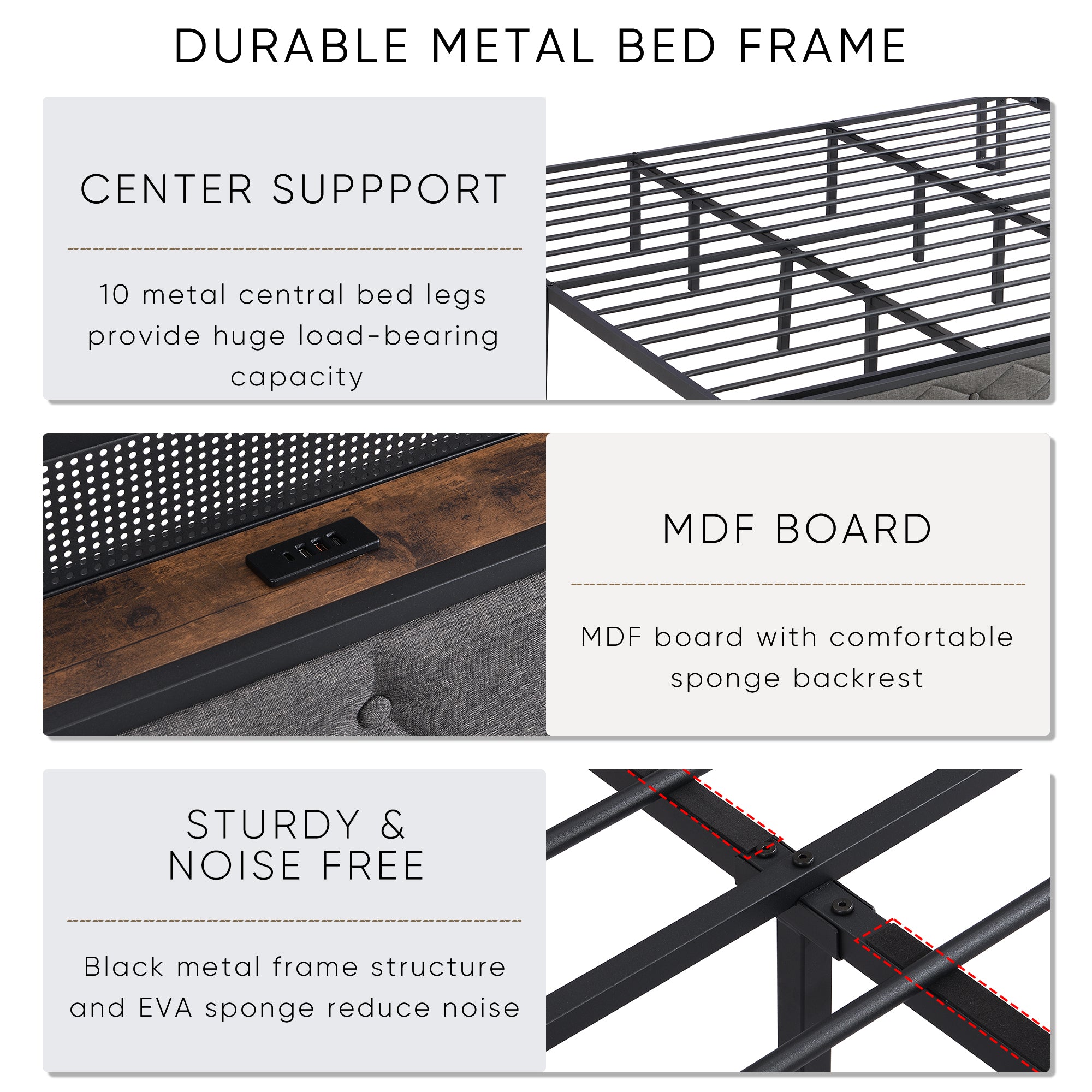 HAOYYE King Bed Frame with Storage Headboard, Charging Station and LED Lights, Upholstered Platform Bed with Heavy Metal Slats, No Box Spring Needed, Noise Free, Easy Assembly, Dark Gray Sturdy Space-Saving