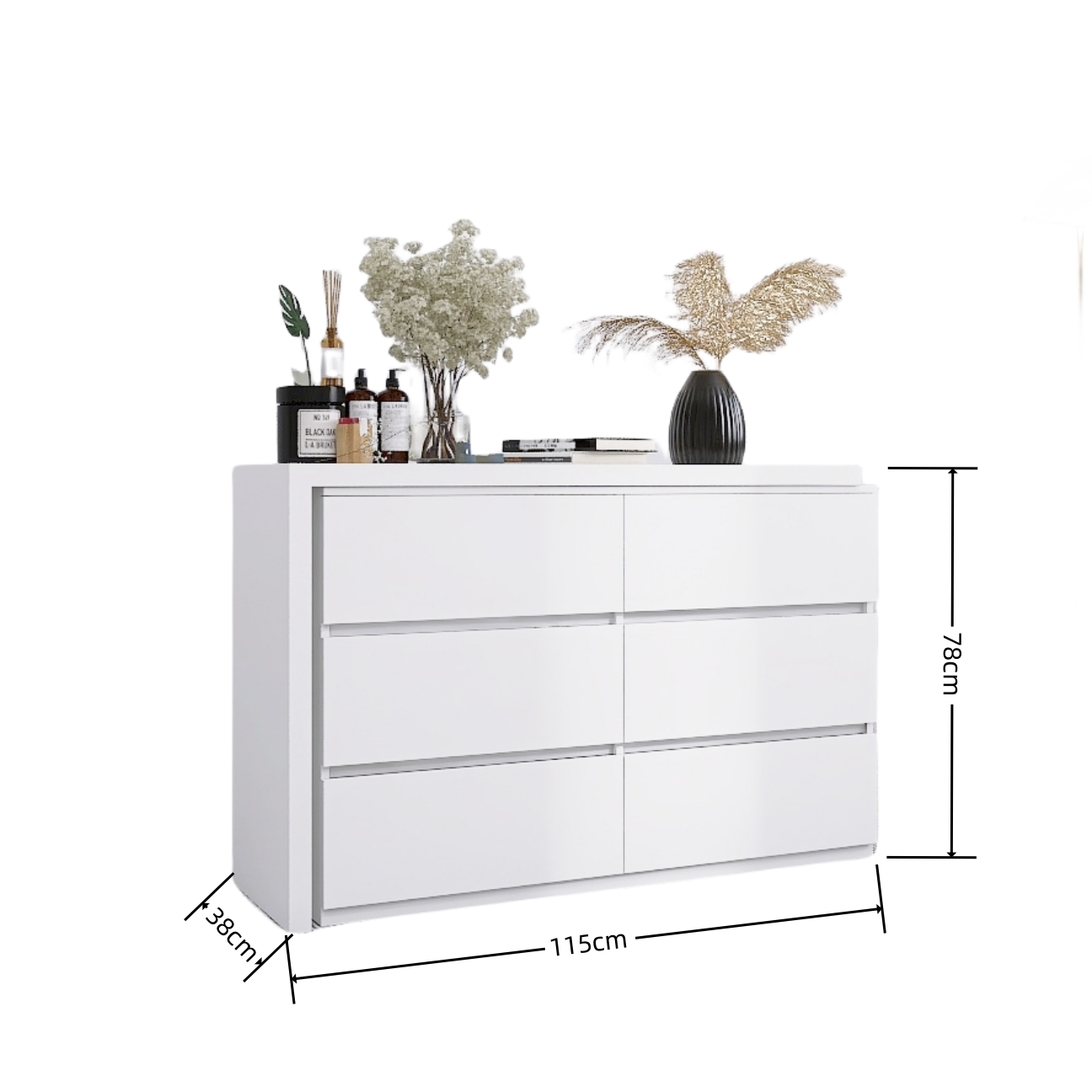 HAOYYE Extended Desktop 6-Drawer Dresser, White Modern Chest without Handles, Sturdy Space-Saving Design, Heavy Duty Construction, Ideal for Bedroom, Vanity, Dorm Room, Easy Assembly