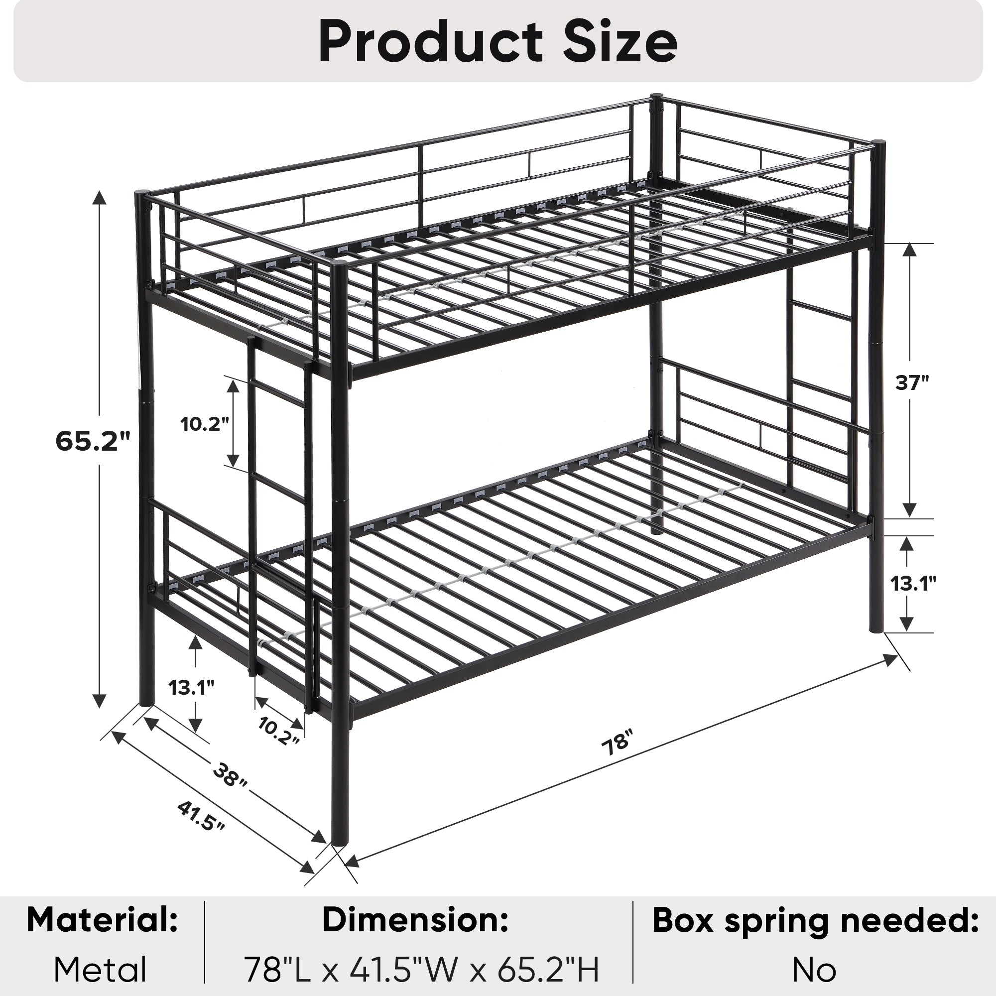 HAOYYE Bunk Bed Twin Over Twin Size with 2 Ladders and Full-Length Guardrail, Metal, Storage Space, No Box Spring Needed, Noise Free, Black Sturdy Space-Saving Heavy Duty Modern Design Easy Assembly Durable