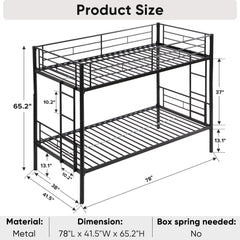 HAOYYE Bunk Bed Twin Over Twin Size with 2 Ladders and Full-Length Guardrail, Metal, Storage Space, No Box Spring Needed, Noise Free, Black Sturdy Space-Saving Heavy Duty Modern Design Easy Assembly Durable