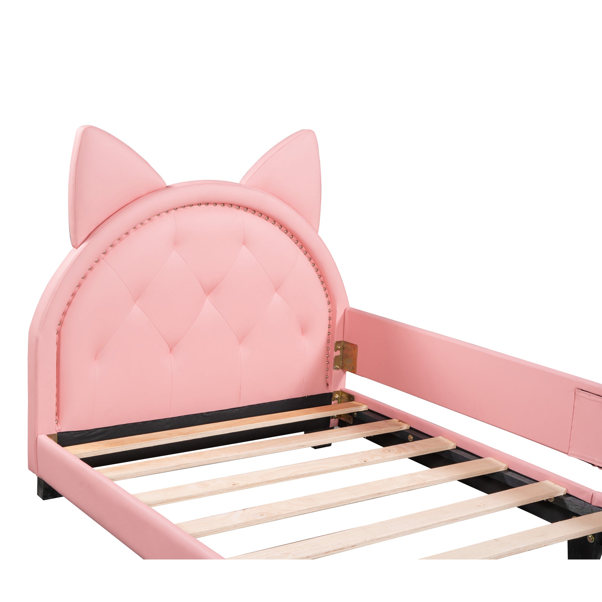 HAOYYE Twin Size Upholstered Daybed with Carton Ears Shaped Headboard, Pink Sturdy Space-Saving Heavy Duty Modern Design Adults Dorm Room Easy Assembly Bedroom Furniture