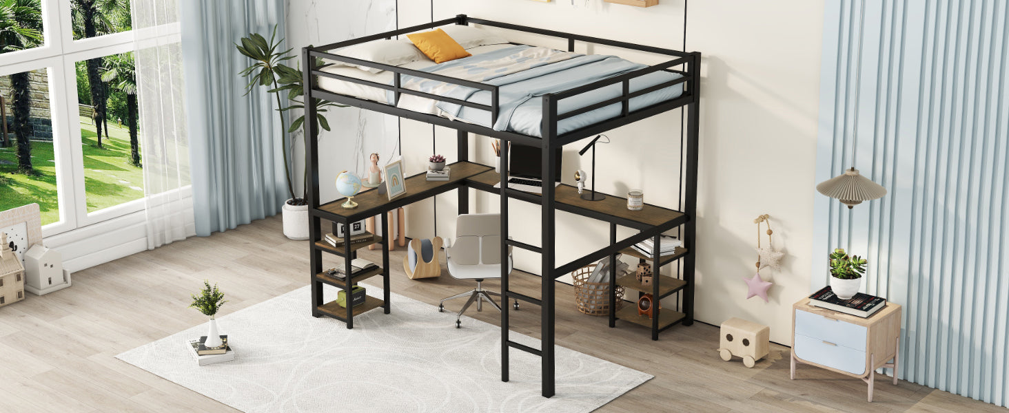HAOYYE Full Metal Loft Bed with Desk and Shelves, Loft Bed with Ladder and Guardrails, Loft Bed Frame for Bedroom, Black with Vintage wood-colored desk Sturdy Space-Saving Heavy Duty Modern Design