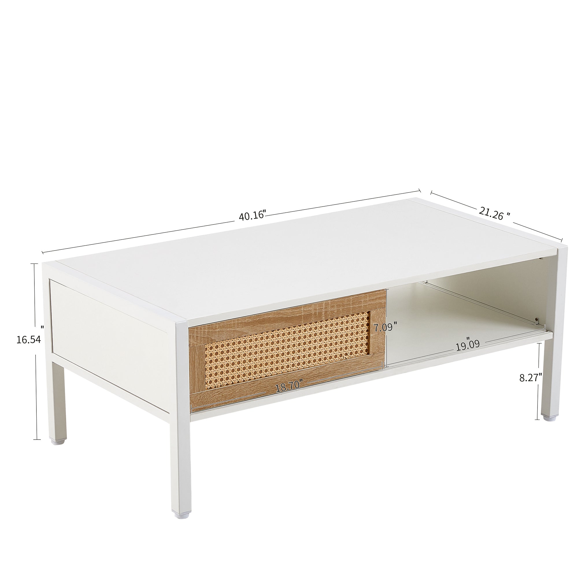 HAOYYE White Rattan Coffee Table With Sliding Door, Metal Legs, Modern Storage Table for Living Room, Sturdy Space-Saving Heavy Duty Design, Easy Assembly