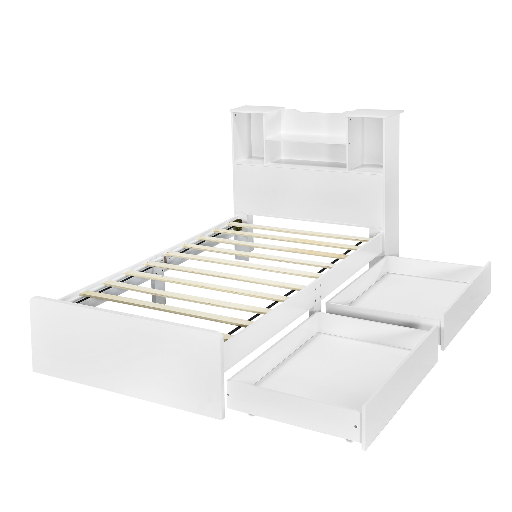 HAOYYE Twin Size Storage Platform Bed Frame with 4 Open Storage Shelves and 2 Drawers, LED Lights, White, Sturdy Space-Saving Heavy Duty Design, Easy Assembly, Ideal for Adults and Dorm Rooms