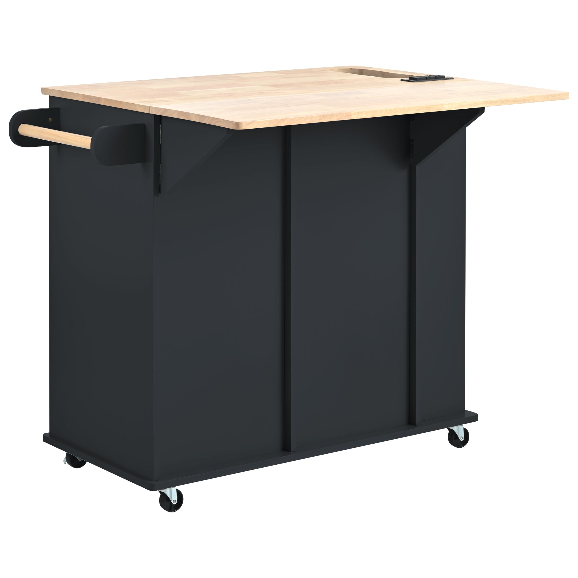 HAOYYE Kitchen Island with Power Outlet, Drop Leaf, Rubber Wood Top, Wine Rack, and Adjustable Storage. Black Kitchen Storage Island on Wheels, Ideal for Home, Kitchen, and Dining Room