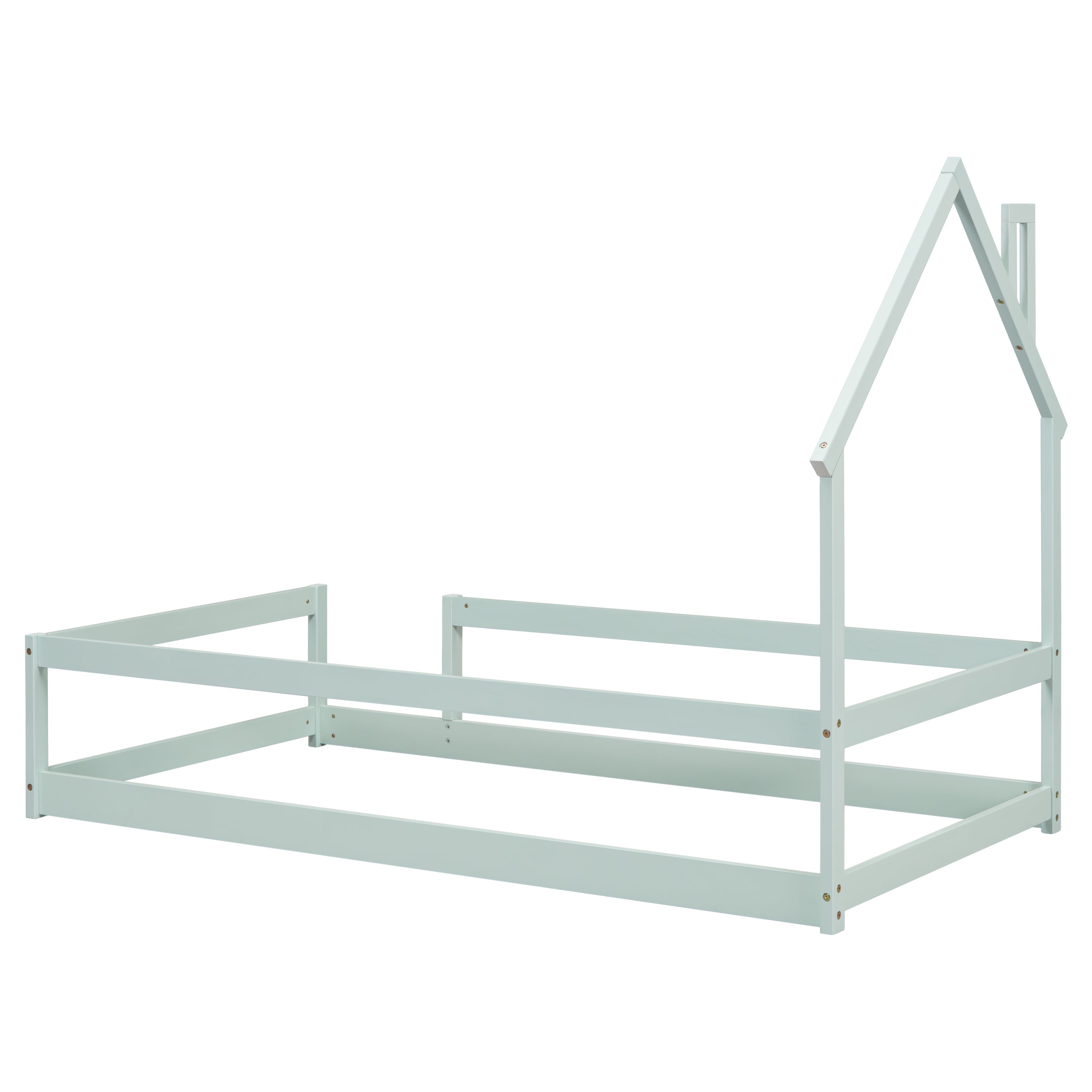 HAOYYE Twin Size Wood Bed with House-Shaped Headboard, Floor Bed with Fences,Sturdy Space-Saving Heavy Duty Modern Design, Easy Assembly for Bedroom or Dorm Room