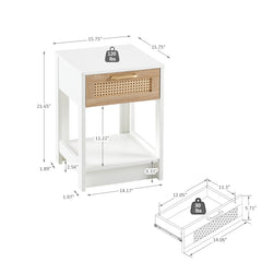HAOYYE Rattan Side Table with Drawer, Modern White End Table, Sturdy Space-Saving Design, Heavy Duty Construction, Easy Assembly, Stylish and Durable Home Furniture for Living Room or Bedroom