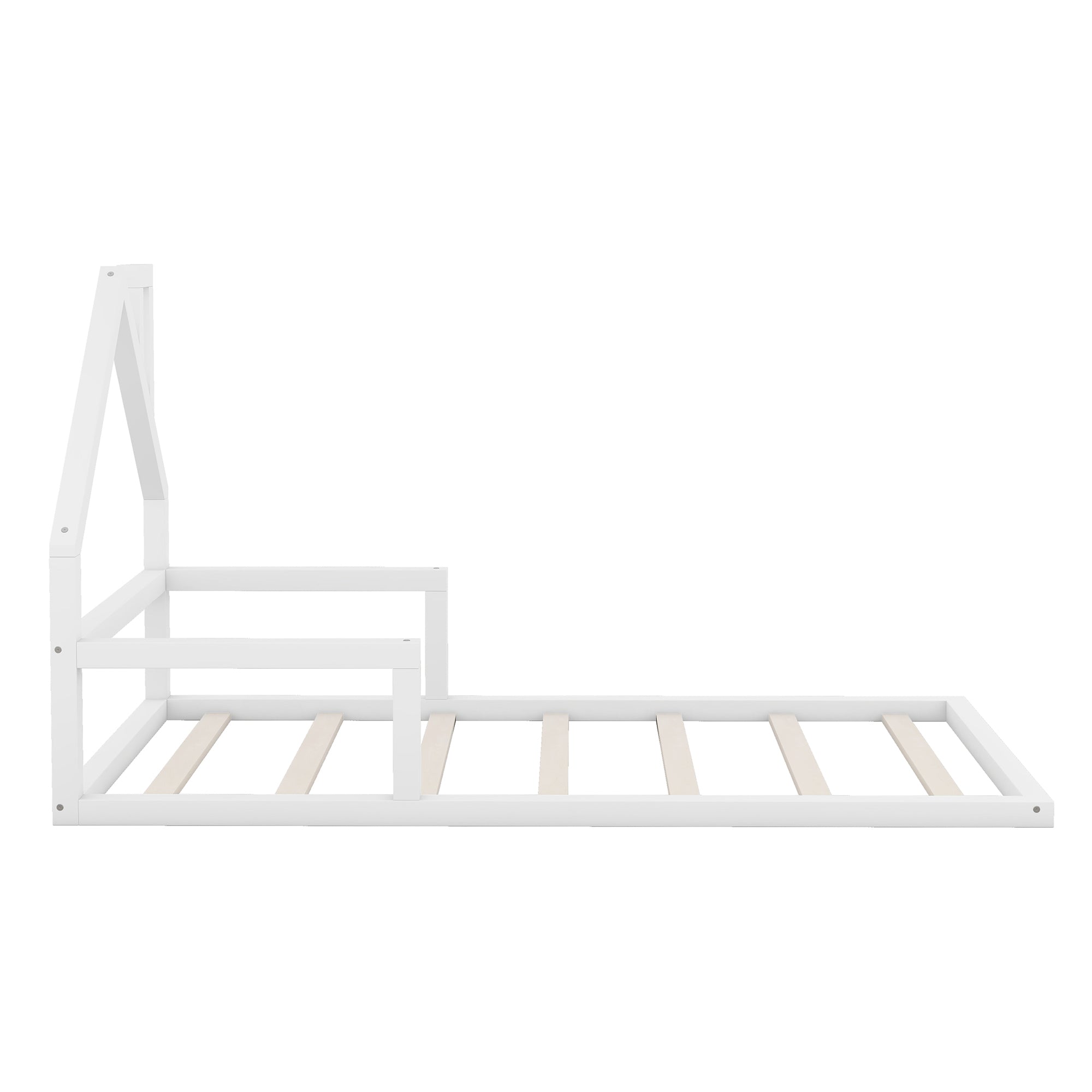 HAOYYE Twin Size Wood Floor Bed with House-shaped Headboard, White Sturdy Space-Saving Heavy Duty Modern Design Adults Dorm Room Easy Assembly Bedroom Furniture