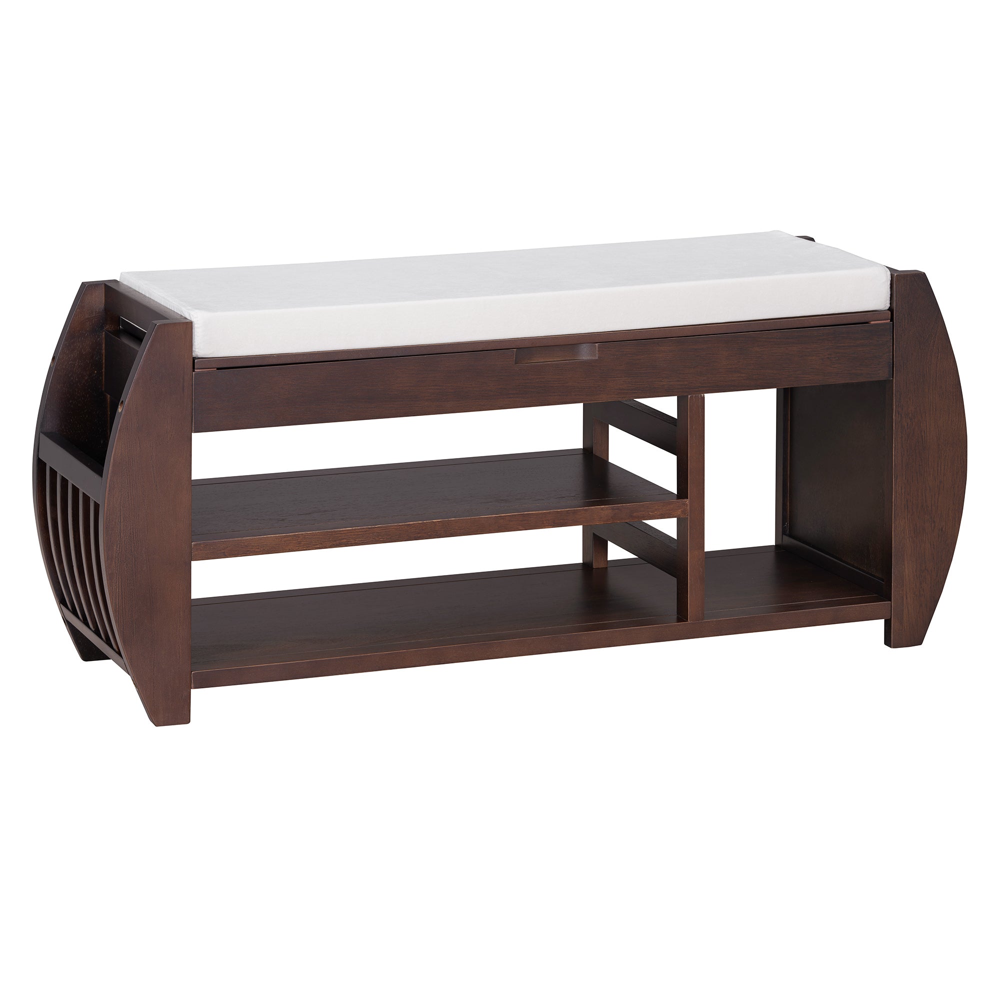 HAOYYE Retro Multifunctional Storage Bench with Cushion and Curved Side Panel for Entrance and Living Room (Espresso) Sturdy Space-Saving Heavy Duty Modern Design Easy Assembly Durable Stylish