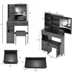 HAOYYE Small Size Left Drawer Desktop Vanity Table + Cushioned Stool, Extra Large Sliding Mirror, Multi Layer, High Capacity Storage Fashionable Dresser, Suitable for Small Space, EPA,GCC,UL Certificate
