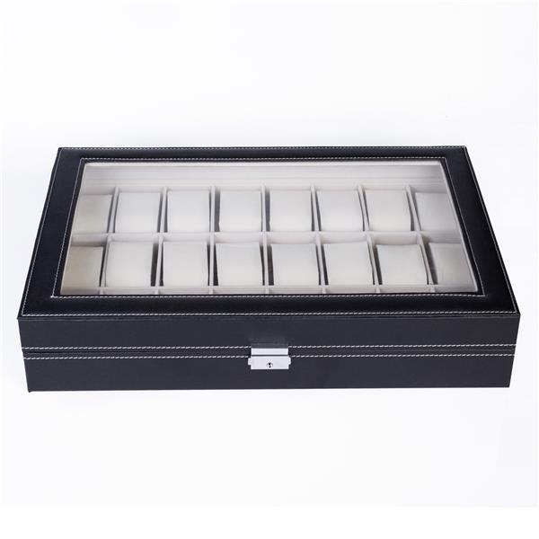 HAOYYE 24 Compartments Top-Level Opening Style Leather Watch Collection Box, Black Soft Cozy Warm Flannel Fleece Home Decor, Luxury Comfortable Unique Design, Premium Quality Decorative Storage Box for Watches, Jewelry, and Accessories