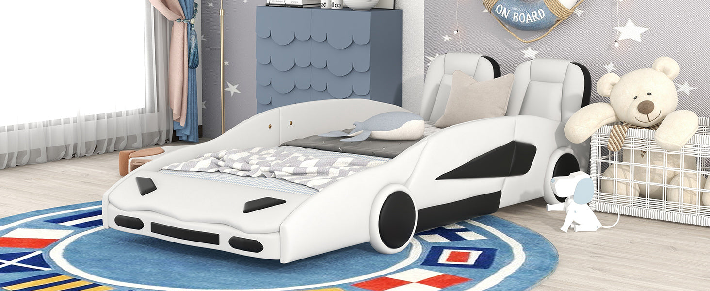 HAOYYE Twin Size Race Car-Shaped Platform Bed with Wheels, White Sturdy Space-Saving Heavy Duty Modern Design Adults Dorm Room Easy Assembly Bedroom Furniture