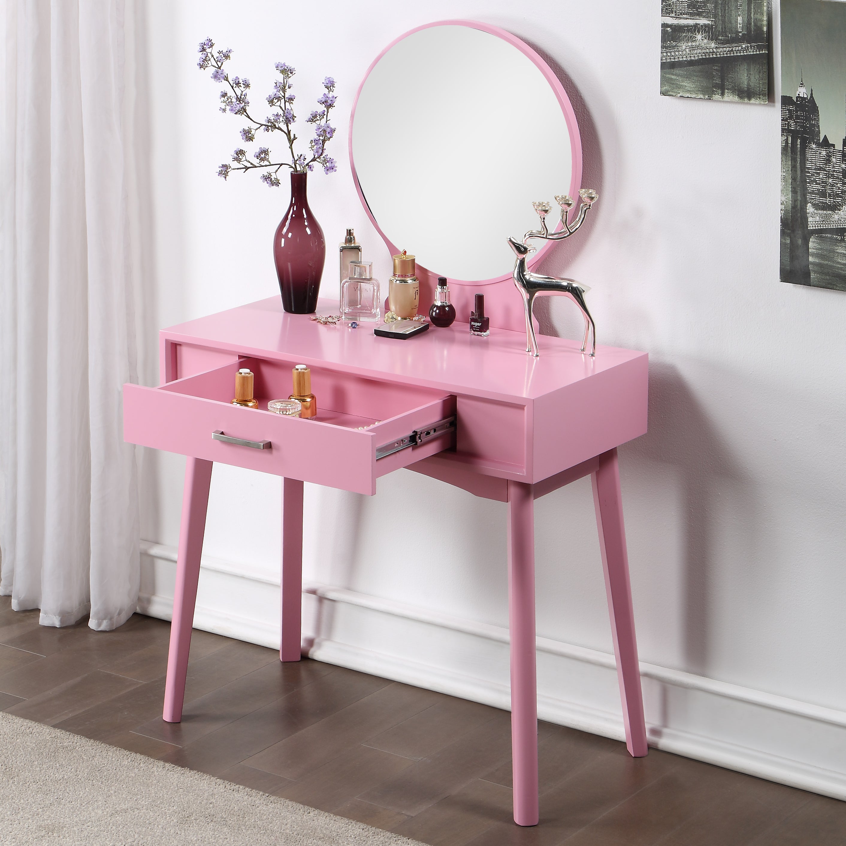 HAOYYE Maly Contemporary Wood Vanity and Stool Set, Pink Makeup Vanity Table with Storage Drawers, Elegant Dressing Table with Round Mirror and Cushioned Stool, Stylish and Compact Vanity Desk for Bedroom, Apartment, or Makeup Room