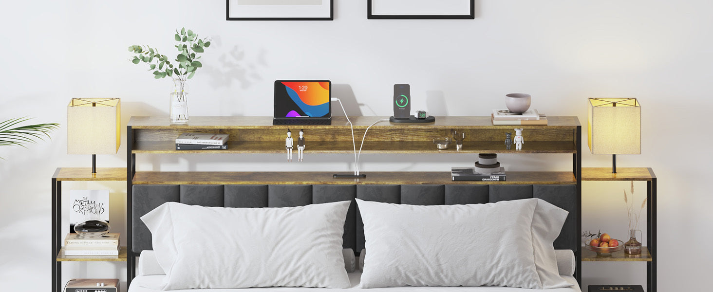 HAOYYE Queen Bed Frame with Storage, Platform Bed Queen Size with LED Lights and Charging Station, Dark gray velvet Headboard with Bookcase Shelves, No Box Spring Needed, Noise Free Sturdy Space-Saving