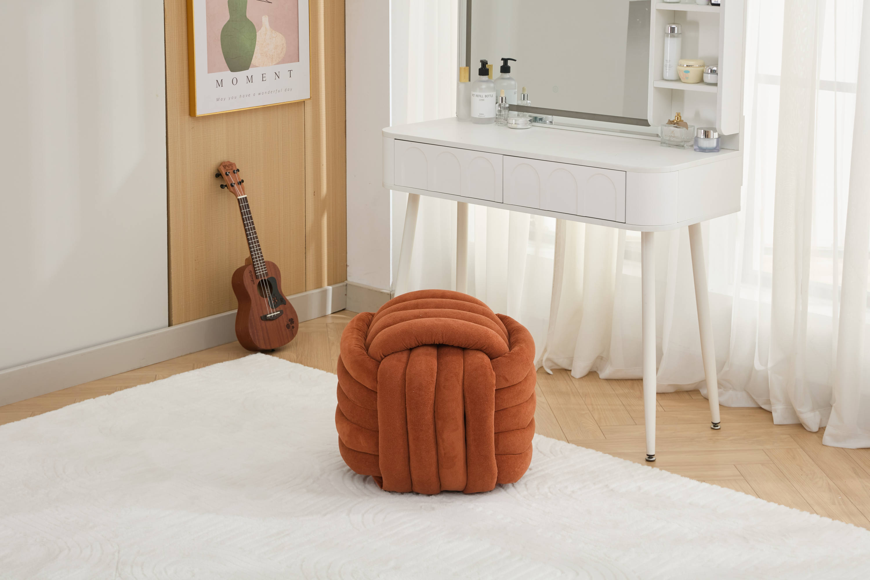 Haoyye Modern Chenille Fabric Knot Design Ottoman Makeup Stool Footstool, Comfortable and Stylish Seat, Perfect for Living Room and Bedroom, Space-Saving Heavy Duty Construction, Durable Furniture for Adults Dorm Room