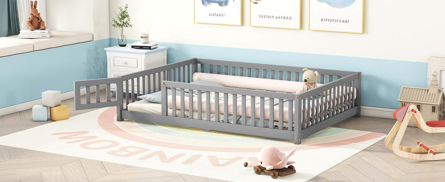 HAOYYE Full Size Bed Floor Bed with Safety Guardrails and Door for , Gray(Old SKU: W158090691) Sturdy Space-Saving Heavy Duty Modern Design Adults Dorm Room Easy Assembly Bedroom Furniture