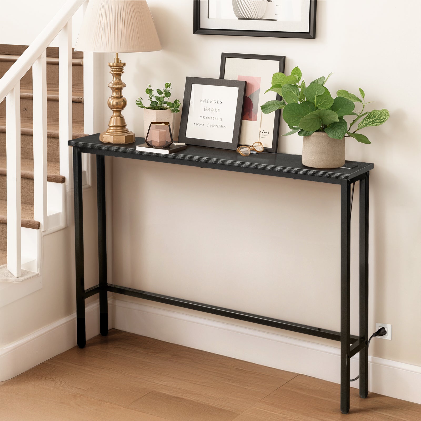 HAOYYE Black Narrow Console Sofa Table with Built-In Power Outlets and USB Ports, Slim Couch Table with Sturdy Metal Frame and Charging Station, Space-Saving Design for Apartments Dorms and Living Rooms