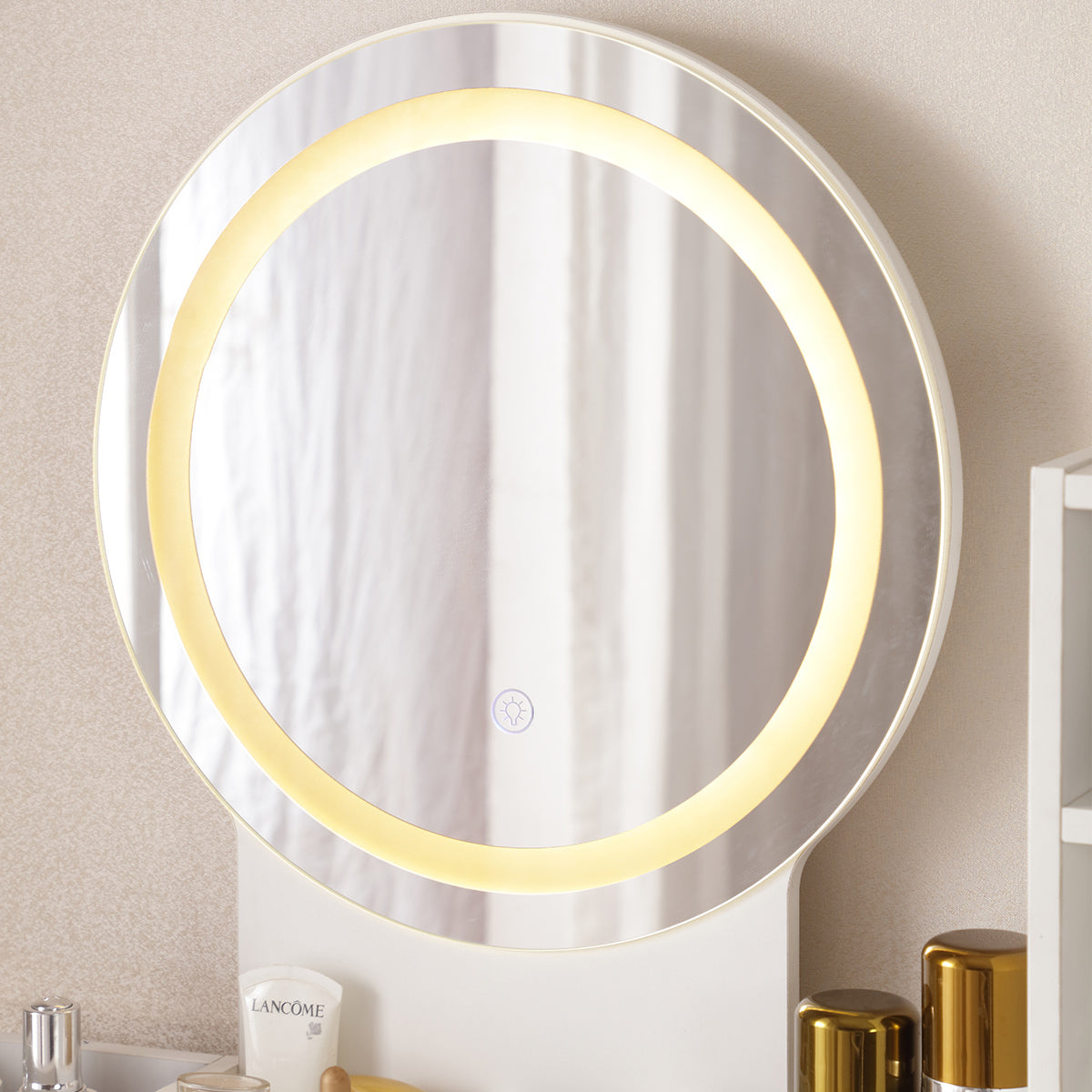 HAOYYE Vanity Desk With Lighted Mirror And Power Outlet, Makeup Table With Drawers And Cabinet, Sturdy Iron Frame, Space-Saving Modern Design, Heavy Duty White Makeup Vanity Table For Bedroom