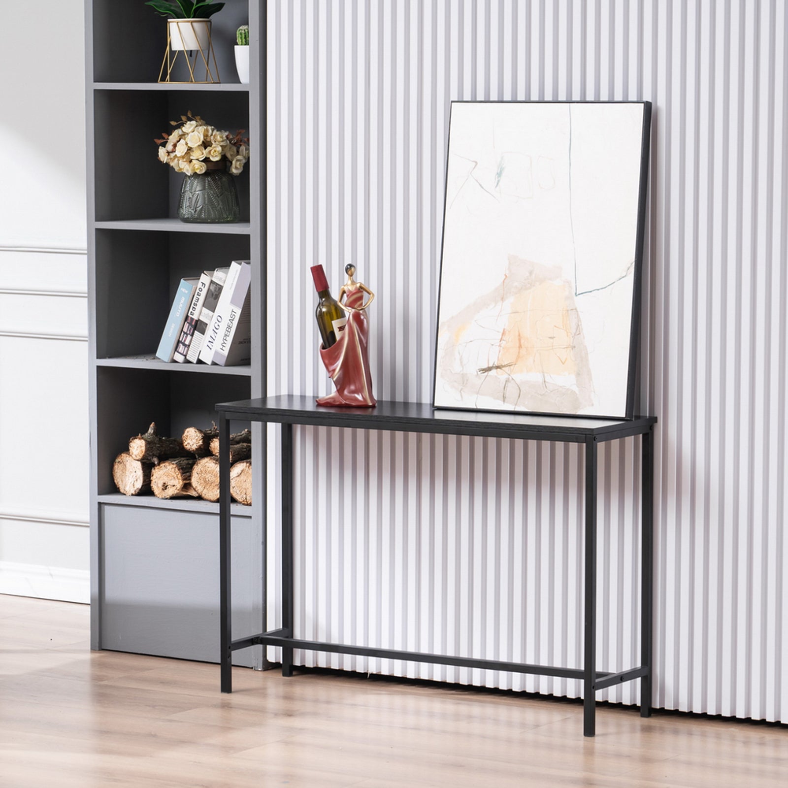 HAOYYE Industrial Style Porch Table Black Oak Triamine Board Single Layer Sturdy Design Durable Multifunctional Modern Home Organizer Practical Stylish Space-Saving Storage Solution for Entryway and Hallway