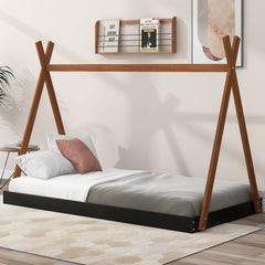 HAOYYE Twin Size Tent Floor Bed with Triangle Structure, Black+Brown Sturdy Space-Saving Heavy Duty Modern Design Easy Assembly Durable Stylish Home Furniture Versatile