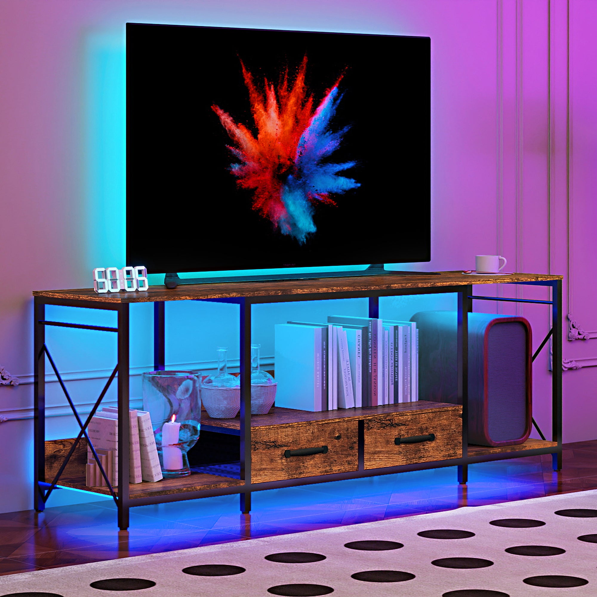 HAOYYE TV Stand with LED Lights and Power Outlets, TV Console with Fabric Drawers for 65-75 Inch TVs, Industrial Entertainment Center with Open Storage Shelves, Modern TV Stand for Living Room, Bedroom