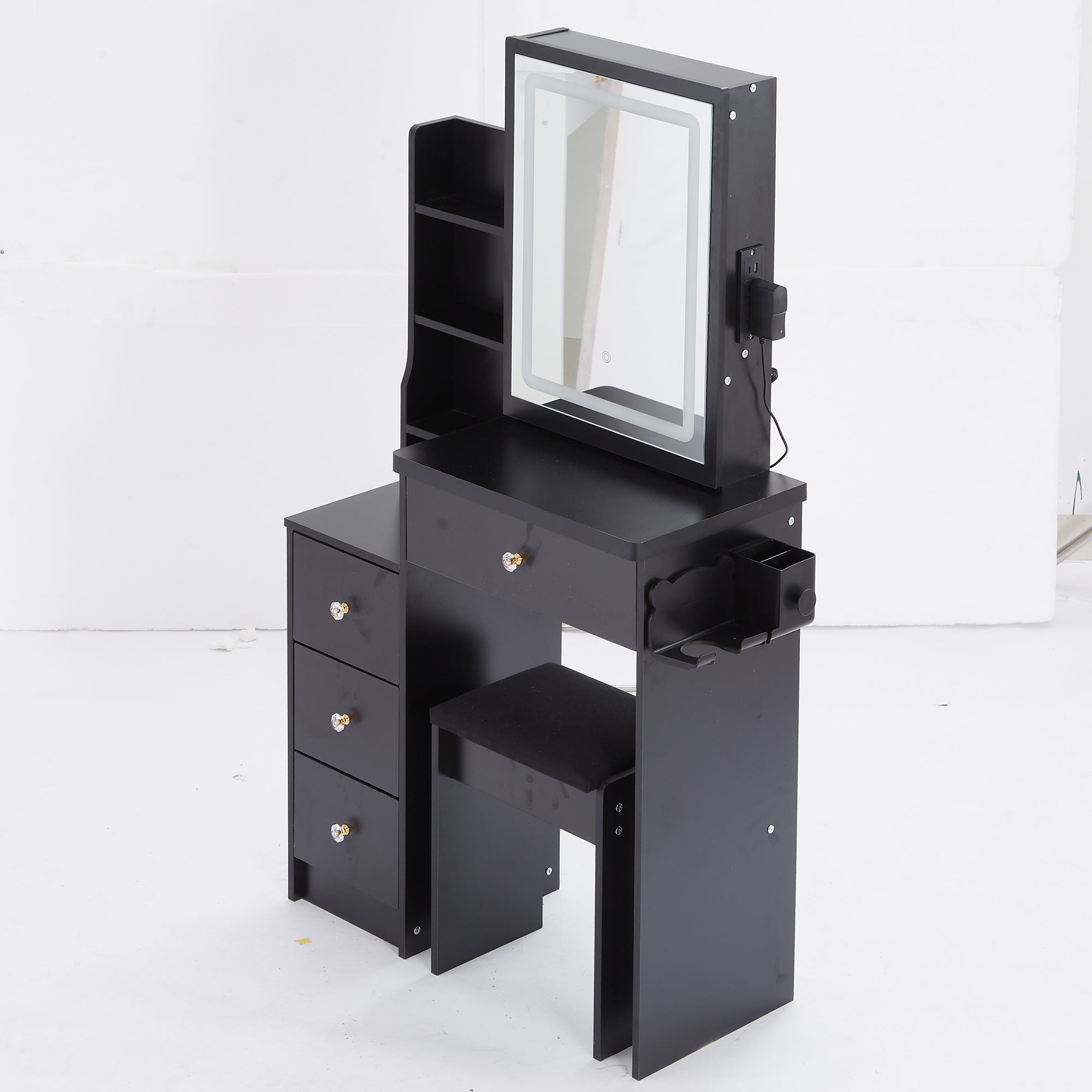 HAOYYE Small Size Left Bedside Cabinet Vanity Table + Cushioned Stool, 2 AC+2 USB Power Station, Hair dryer bracket, Extra Large Touch Control Sliding LED Mirror, Tri-color Switching, EPA,GCC,UL Certificate