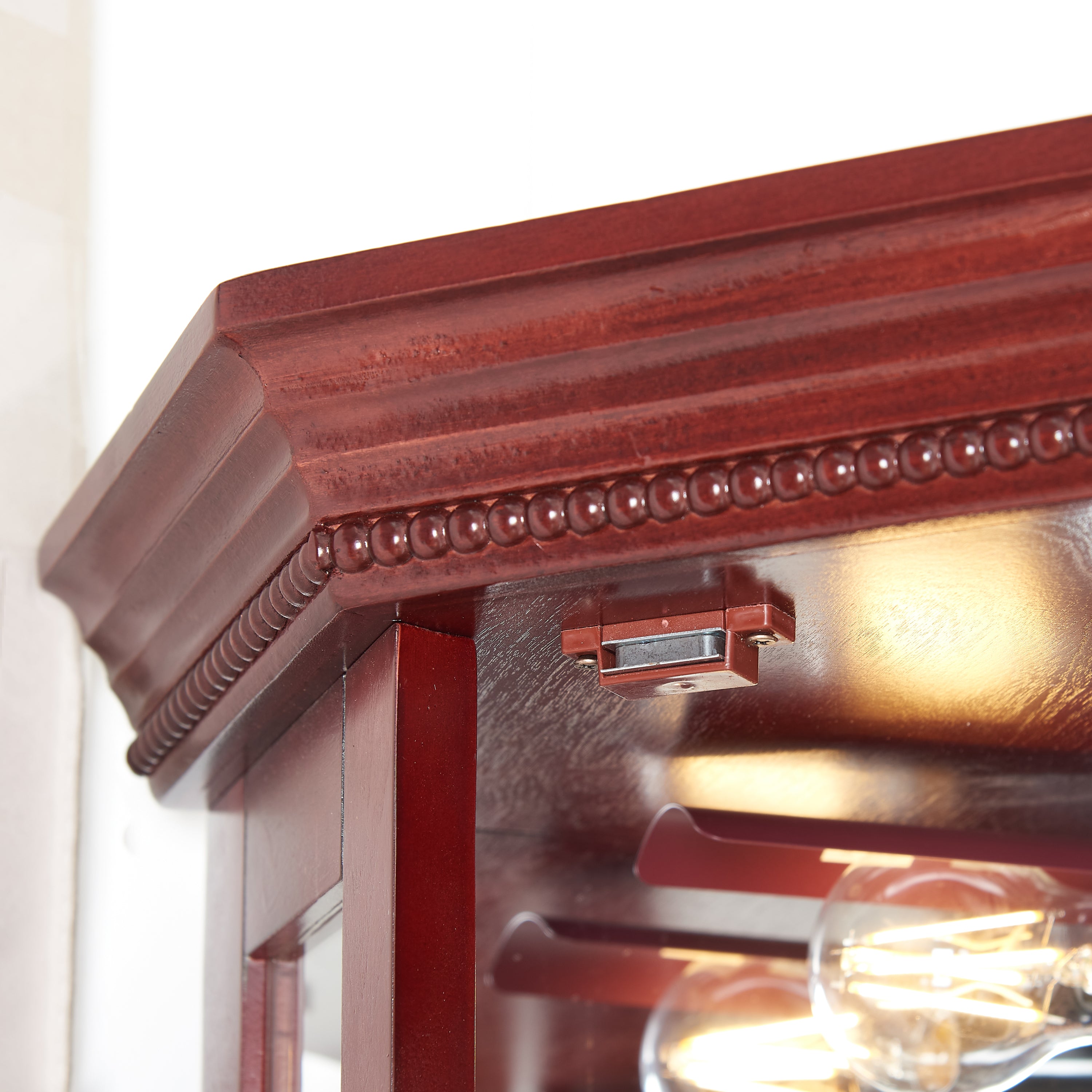 HAOYYE Corner Curio Cabinet with Built-In Lights, Adjustable Tempered Glass Shelves, Mirrored Back Panel, Modern Display Cabinet, Cherry Finish, Sturdy and Space-Saving Design, Ideal for Living Room or Dining Room