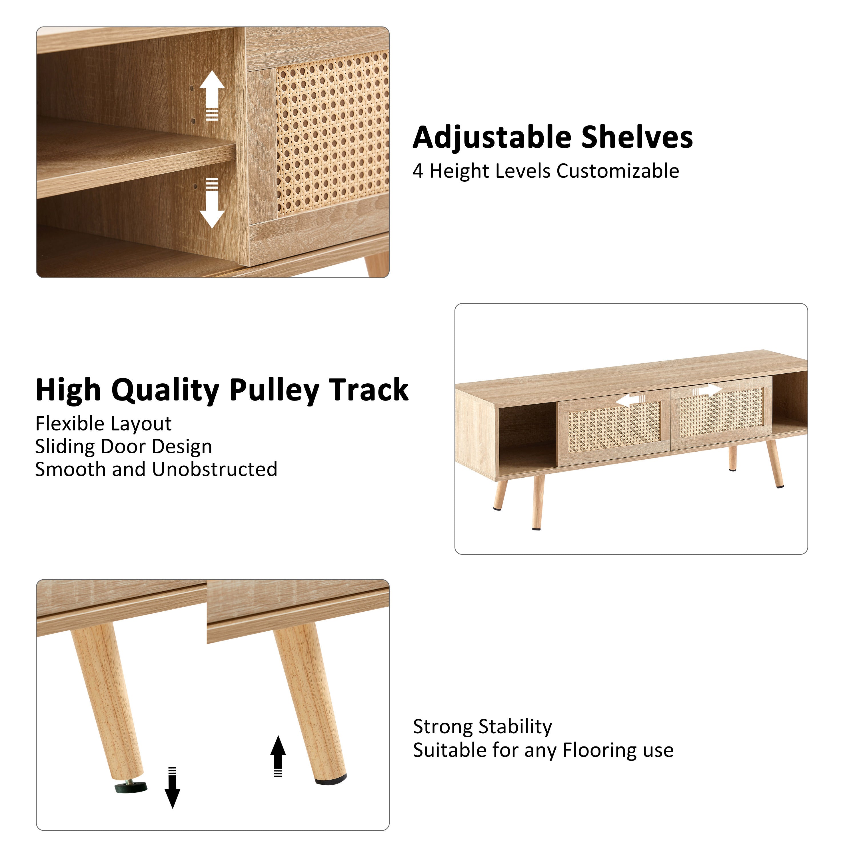 HAOYYE 55.12" Rattan TV cabinet, double sliding doors for storage, adjustable shelf, solid wood legs, TV console for living room ,natural Sturdy Space-Saving Heavy Duty Modern Design Adults Dorm Room