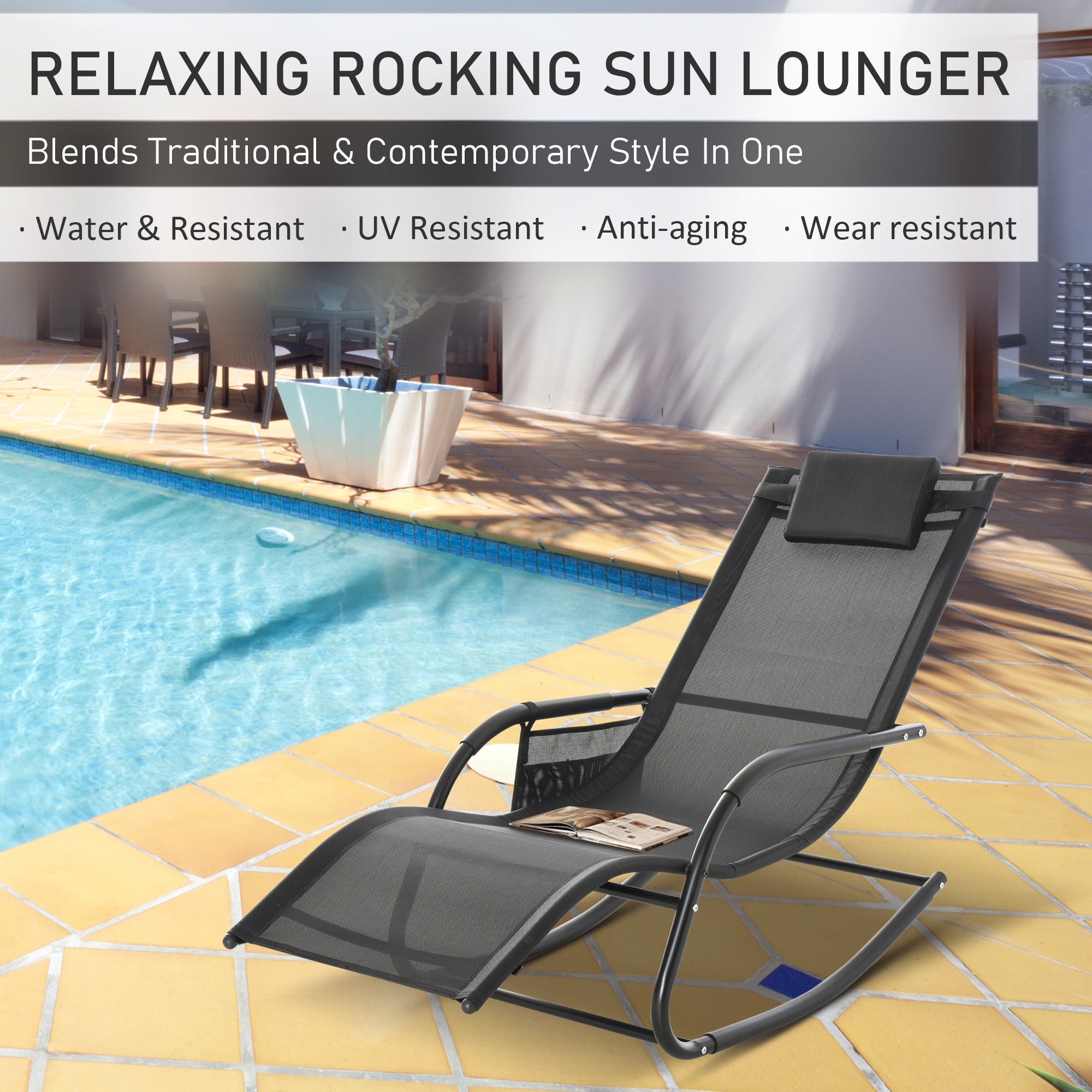 HAOYYE Black Outdoor Rocking Chair with Breathable Mesh Fabric, Soft Padded Headrest and Armrests, Removable Side Pocket, Rubberized Feet, Sturdy Steel Frame Supporting Up to 264 lbs, Perfect for Patio, Poolside, Backyard Relaxation, Easy Assembly