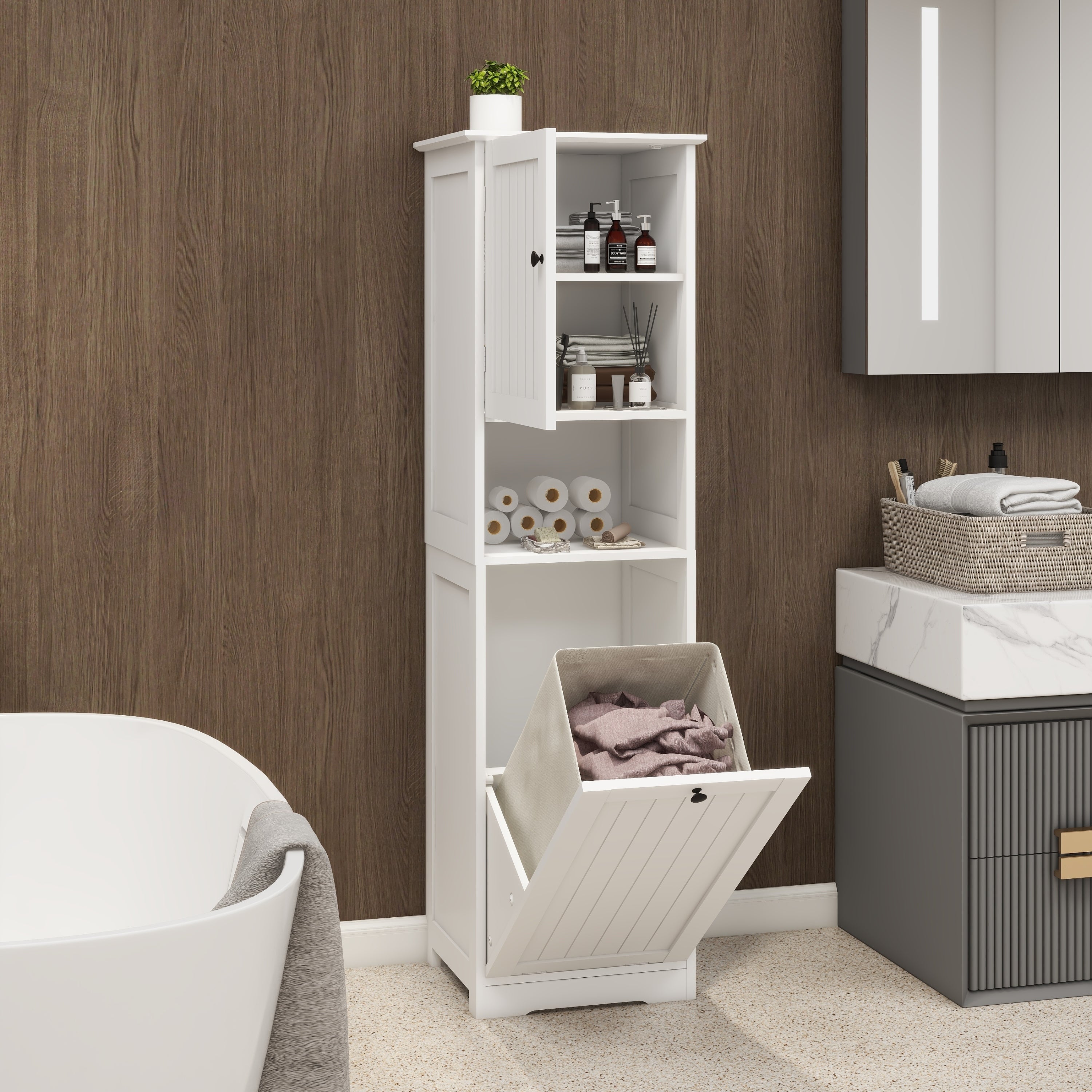 Haoyye One-Compartment Tilt-Out Laundry Sorter Cabinet, Modern Space-Saving Storage Unit with Removable Bag and Top Shelf, Sturdy MDF Construction with UV Finish, Stylish Organizer for Bathroom, Bedroom, or Laundry Room, Easy Assembly