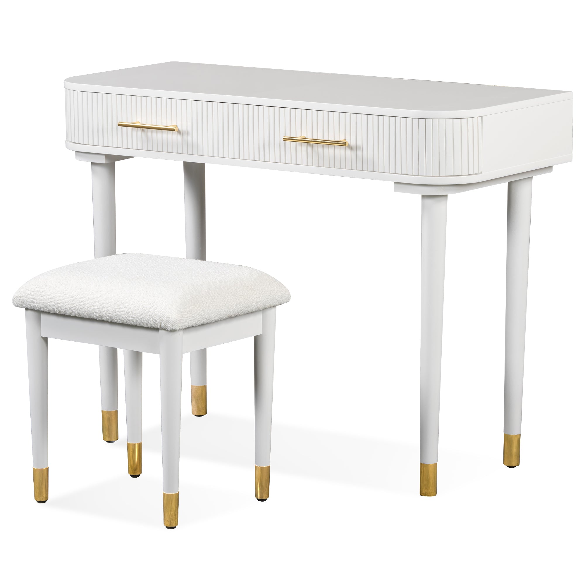 HAOYYE 40" Modern Vanity Table Set with Mirror Touch Screen Lighted Mirror, Dressing Table and Cushioned Stool Set with 2 Large Drawers, White